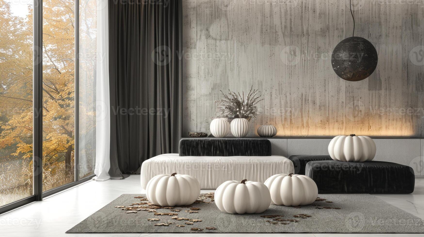 Modern living room with white pumpkins and dark decor. Concept of seasonal home decor, minimalist design, contemporary interior, autumn, Halloween, Thanksgiving photo
