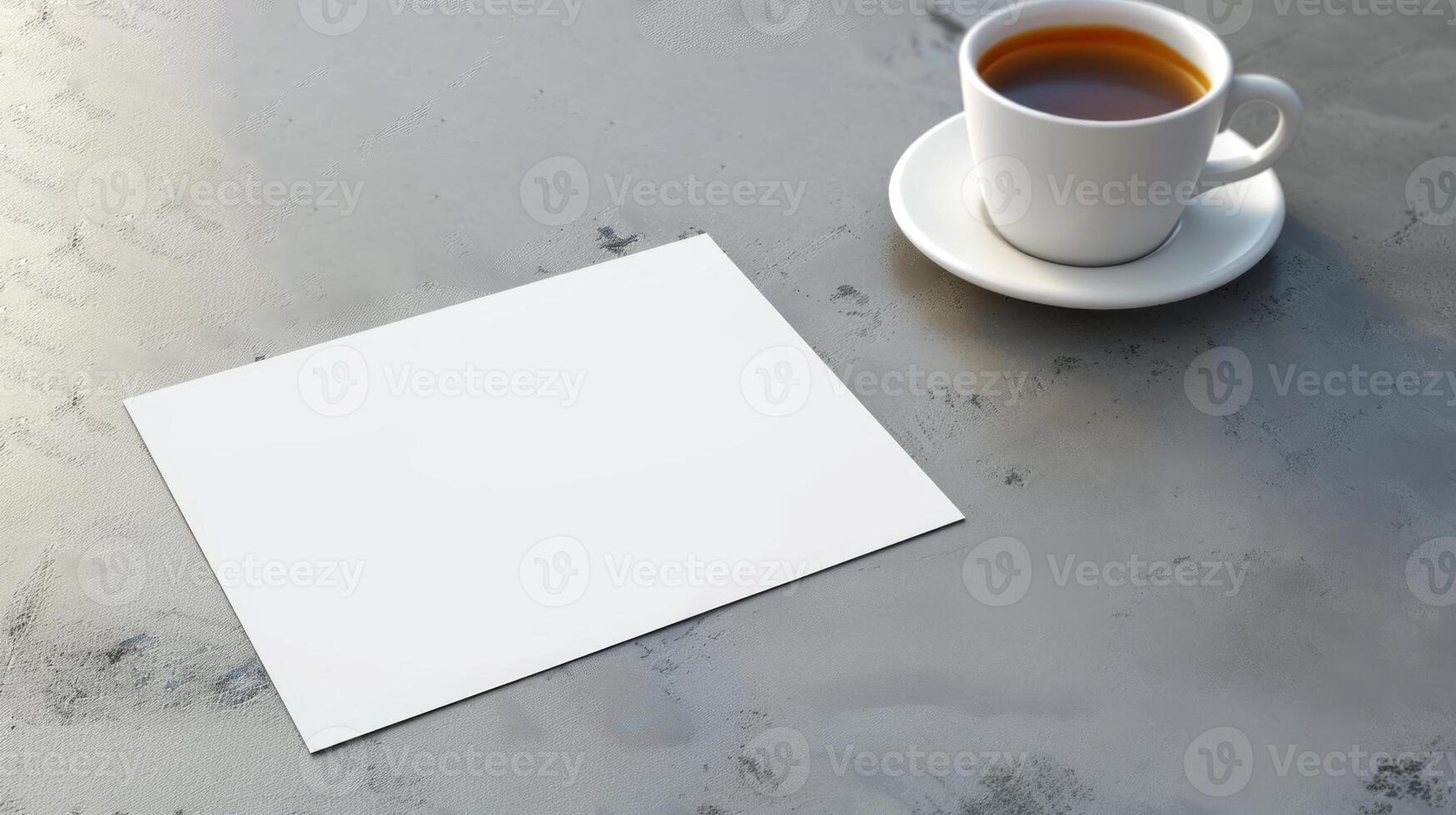 Textured table with coffee cup and blank white paper for text. Minimalist setup with drink and space for writing. Mockup. Concept of work, idea generation, contemporary design, planning space. photo