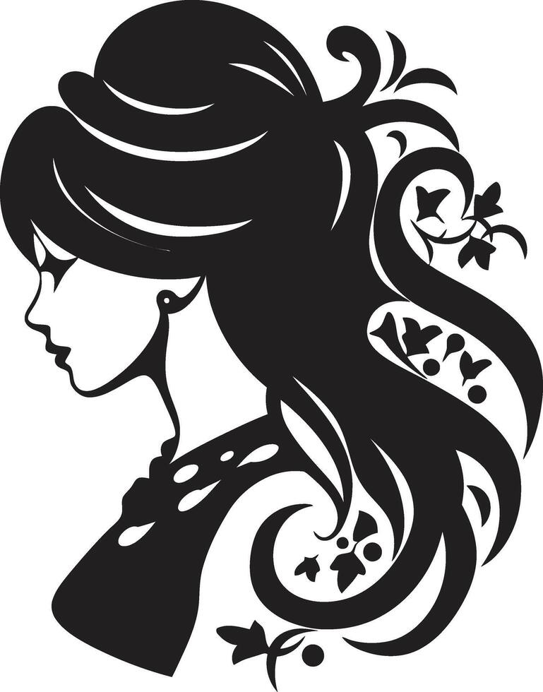 Midnight Reverie Black Floral Face Profile Shadowed Enchantment Floral Woman vector