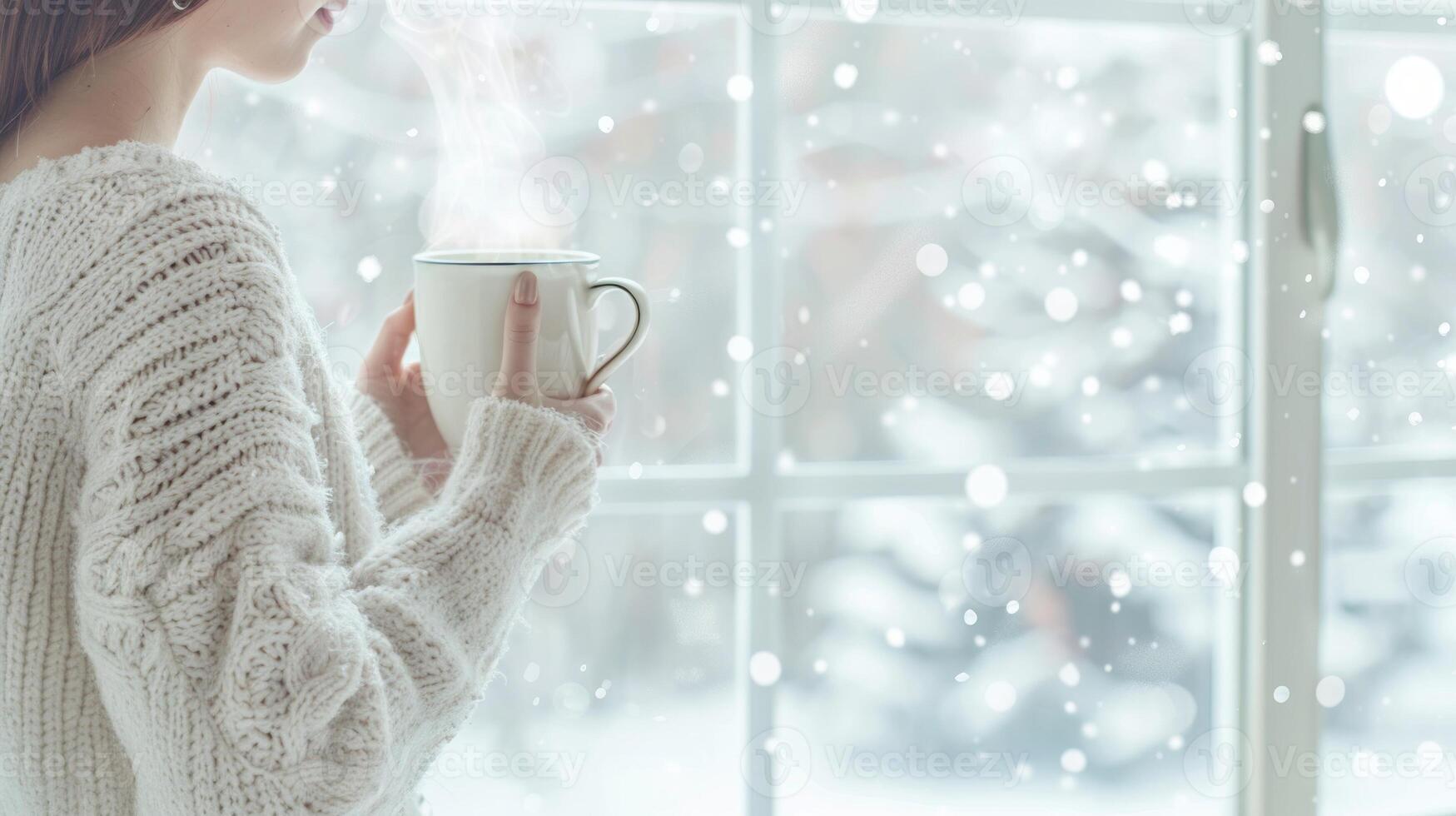 Caucasian woman in a cozy white sweater holding a steaming mug by a window. Concept of warmth winter serenity and relaxation. Banner. Copy space. Christmas, New Year photo