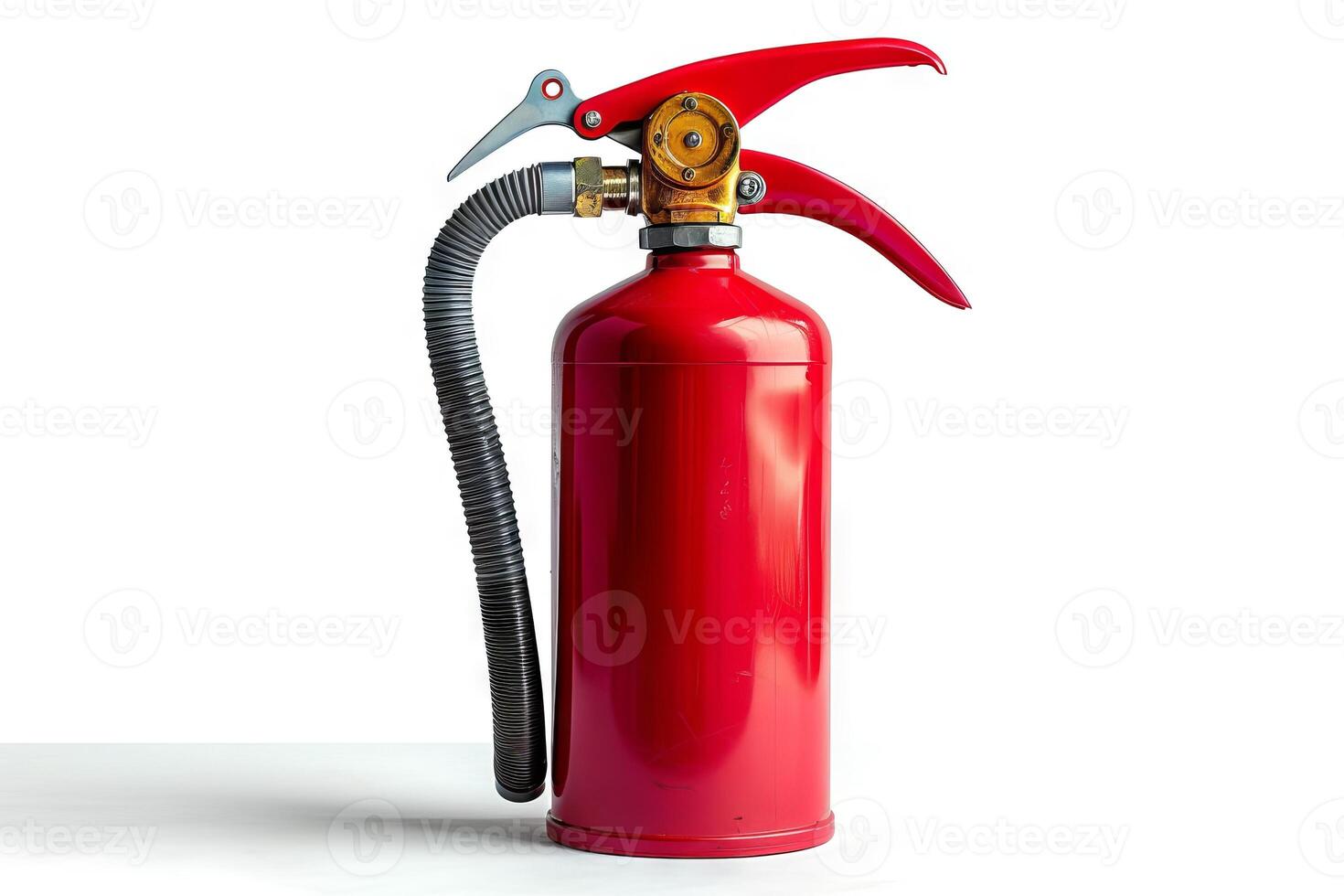 Red fire extinguisher with attached hose on a white background. Safety tool for fire emergencies. Concept of safety, emergency preparedness, fire prevention, protective equipment photo