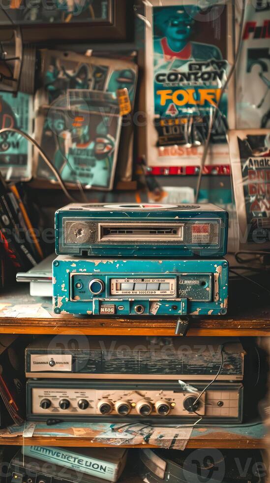 Vintage Radio and Cassette Players Stacked in Retro Shop. Concept of retro cassette tape player, music memorabilia, historical soundtracks, and cultural nostalgia photo