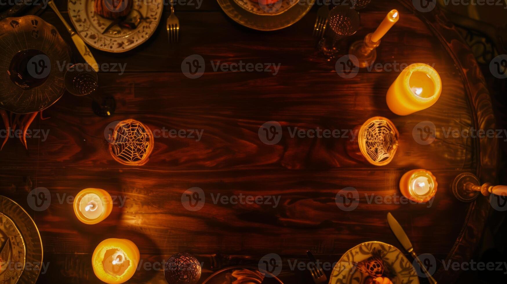 Halloween dinner table decor with candles and spider web details. Concept of festive dining, spooky atmosphere, Halloween celebration, and table setting. Banner. Copy space photo
