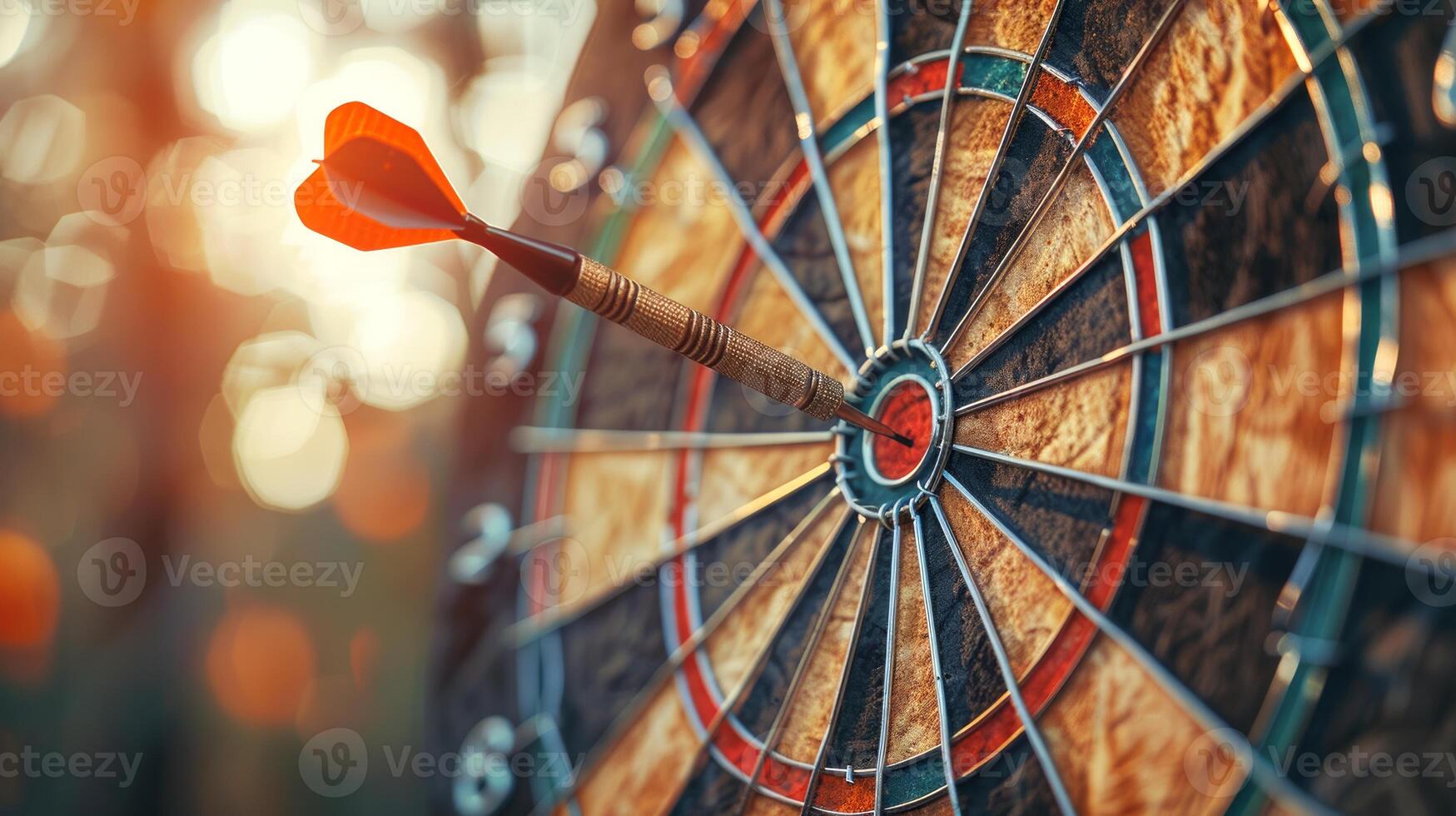 Closeup image of a dartboard with a dart hitting the bullseye. Concept of accuracy, precision