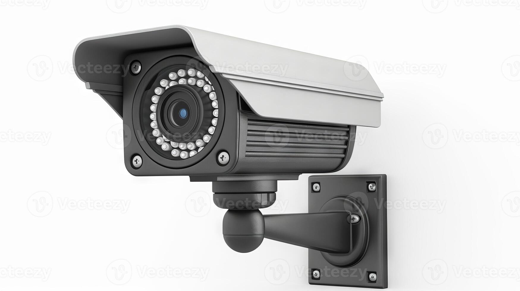 Modern surveillance camera on a white background. Security device concept for monitoring, public safety, and crime prevention. Close-up view of advanced technology. Isolated on white photo