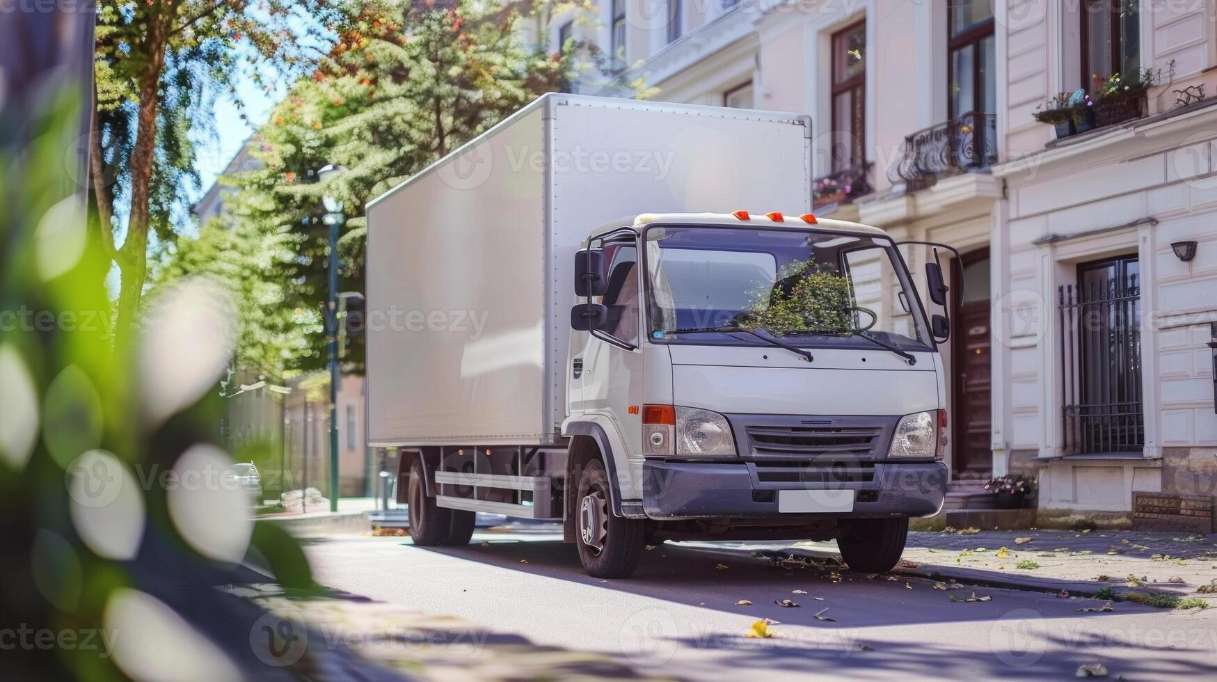 White delivery truck parked on a sunny residential street. Transport, logistics, urban delivery, vehicle concept photo
