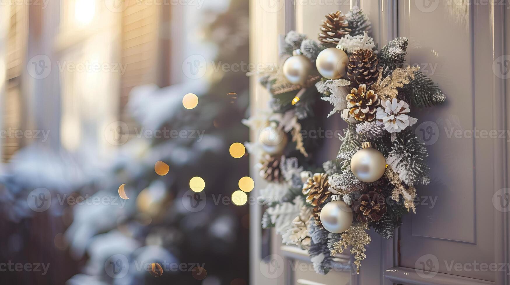 Christmas wreath with pinecones and golden ornaments on a door. Holiday decoration. Concept of festive decor, seasonal celebration, winter, holiday spirit photo