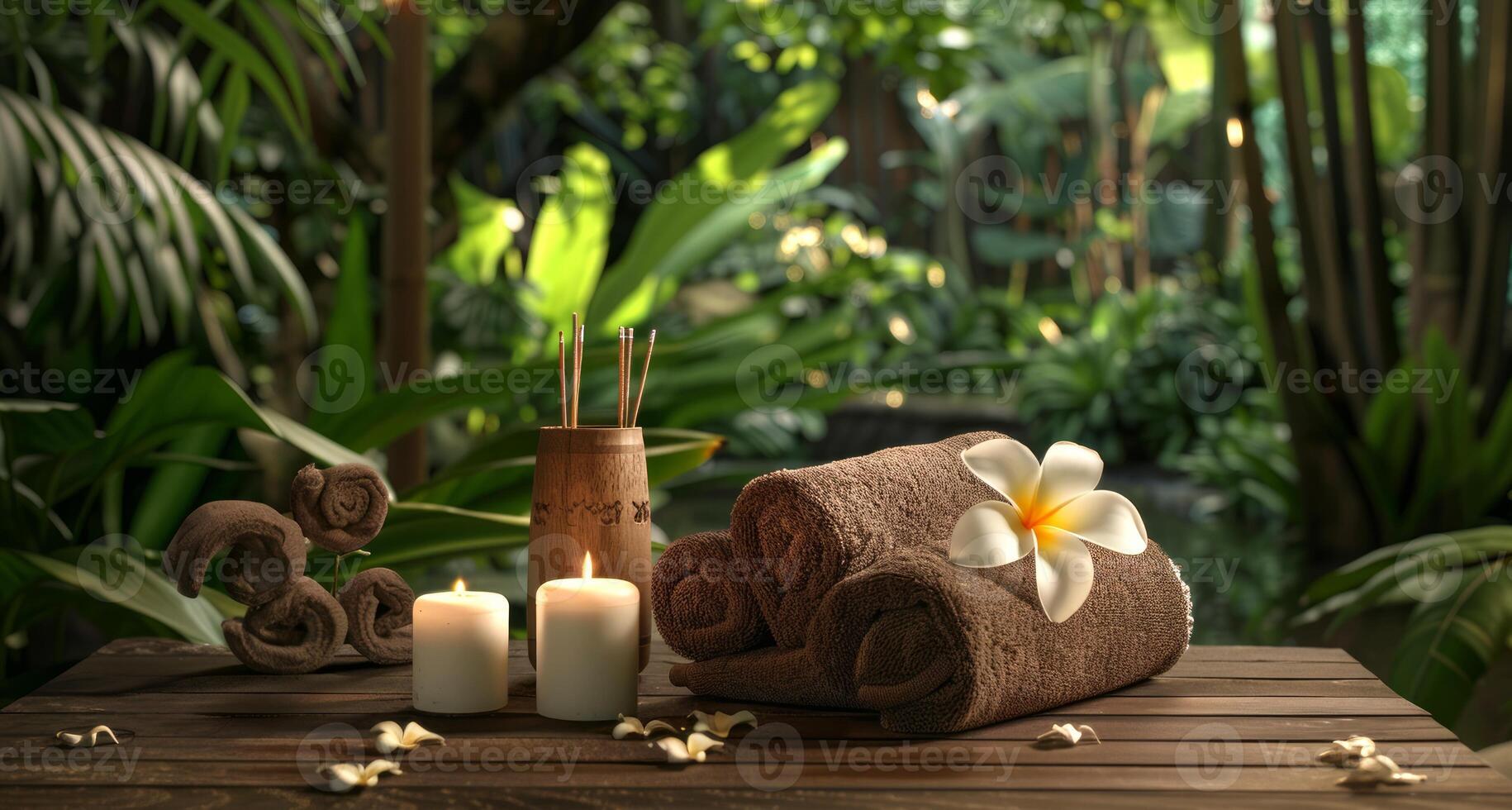 Relaxing ambiance in a tropical spa with candles. Spa setup with towels in a lush garden. Concept of tranquility, therapeutic environment, relaxation therapy, and lush greenery. Copy space photo