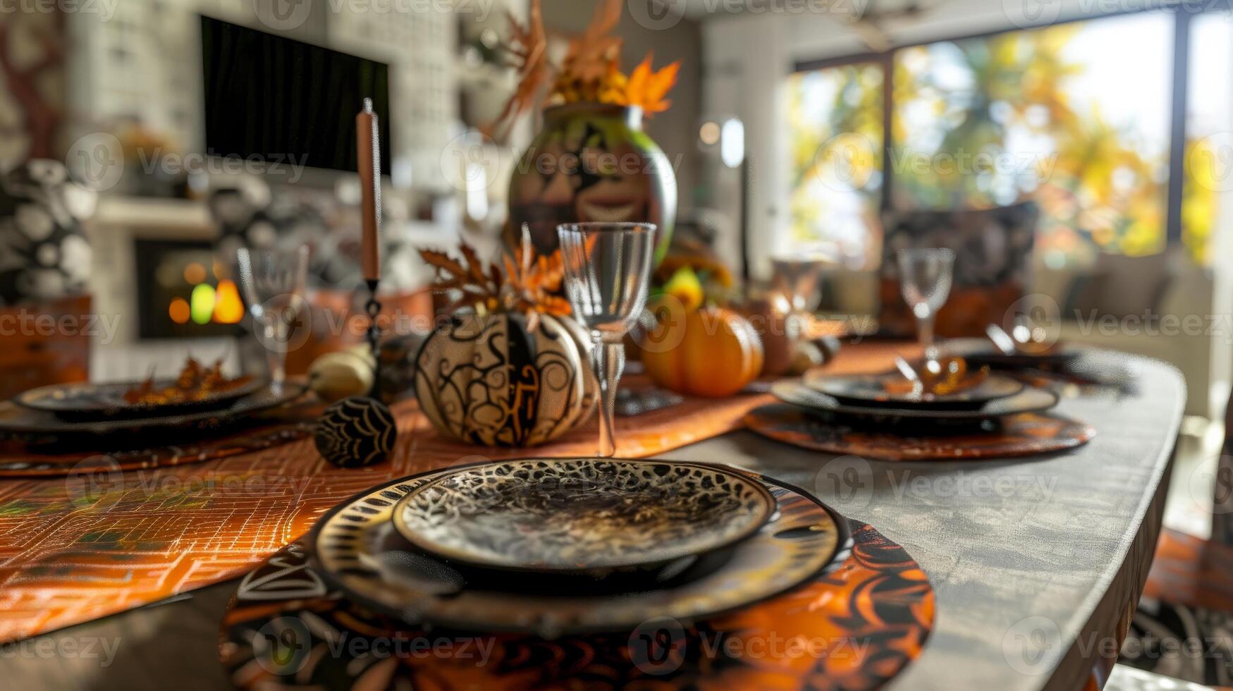 Autumn themed table setting with pumpkins and fall decorations. Concept of seasonal decor, holiday table, autumn atmosphere, home dining photo