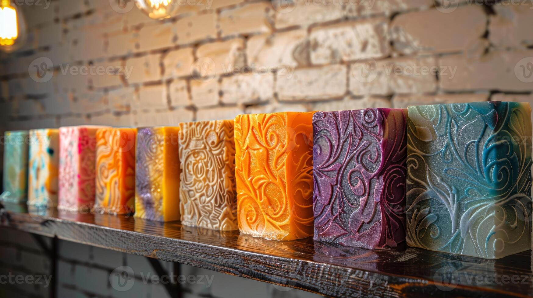 Array of artisanal soaps featuring complex designs on a white brick shelf. Collection of handmade soaps. Concept of craft hygiene, decorative cleanliness, and creative personal care. photo