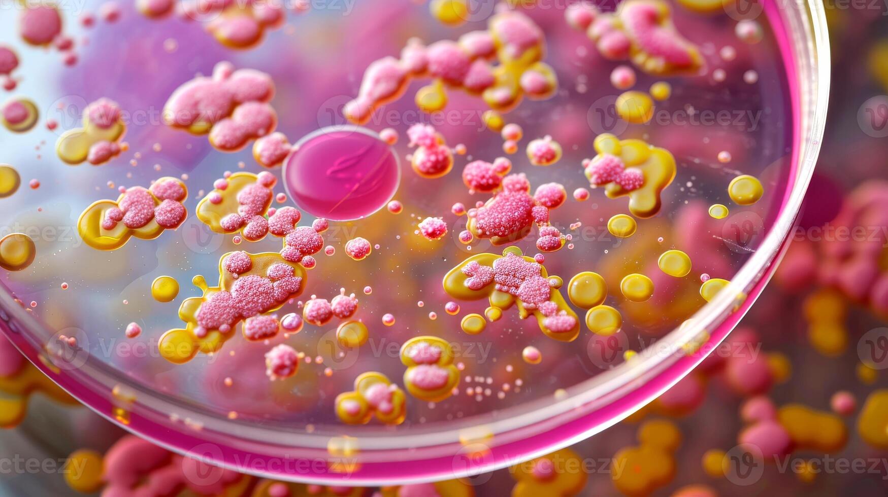 Petri dish with colorful microbial growth. Scientific laboratory experiment. Concept of microbiology, biochemistry, science research, microbial life photo