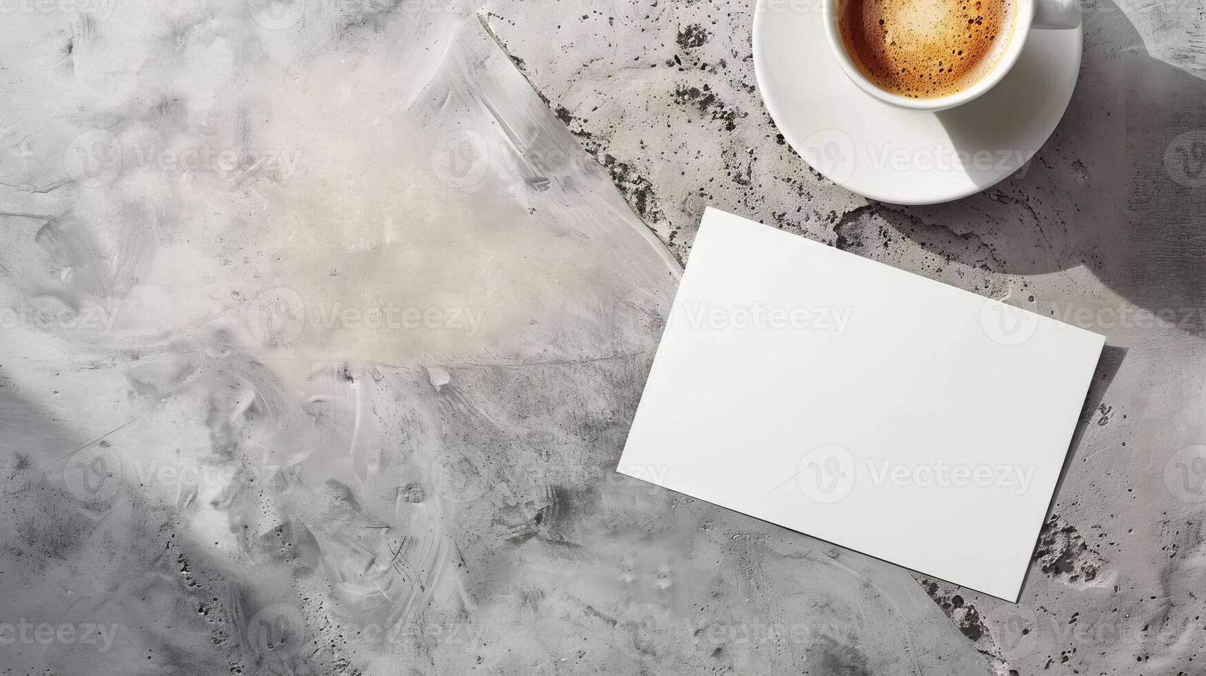 Textured table with coffee cup and blank white paper for text. Minimalist setup with drink and space for writing. Mockup. Banner. Copy space. Concept of work, idea generation, modern design. Top view. photo