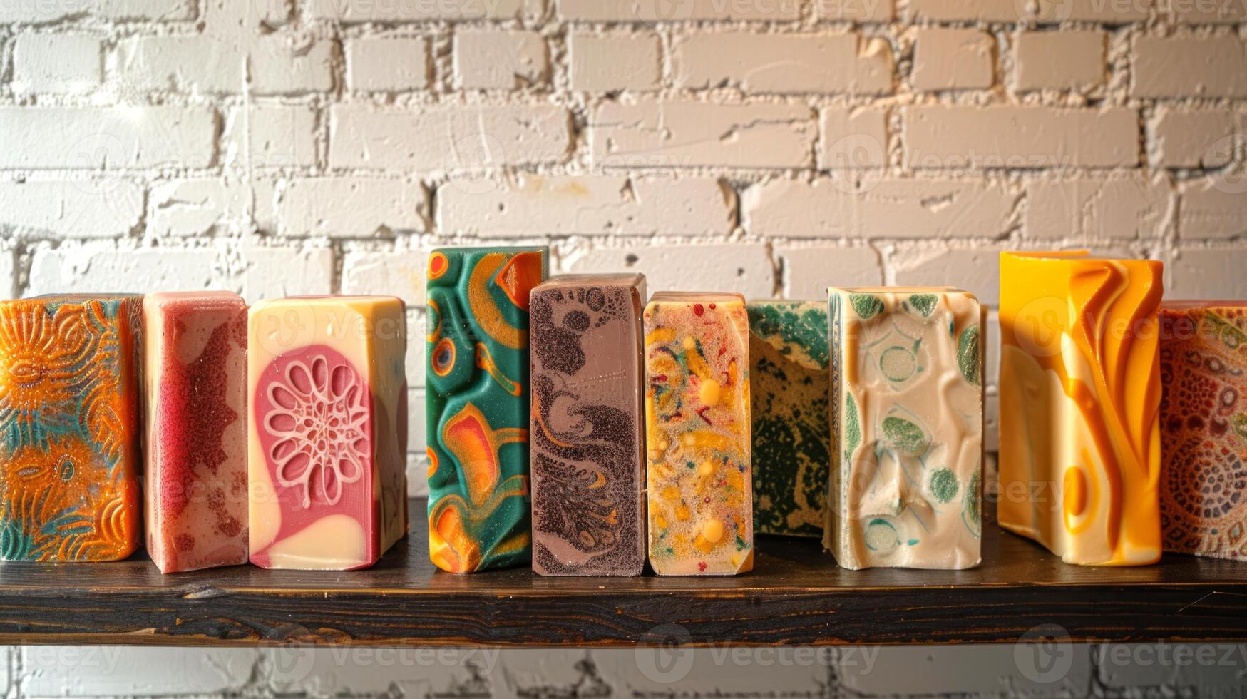 Colorful soap bars with intricate designs displayed against a white brick backdrop. Handmade soap collection. Concept of personal care, hygiene products, and artistic craftsmanship. photo