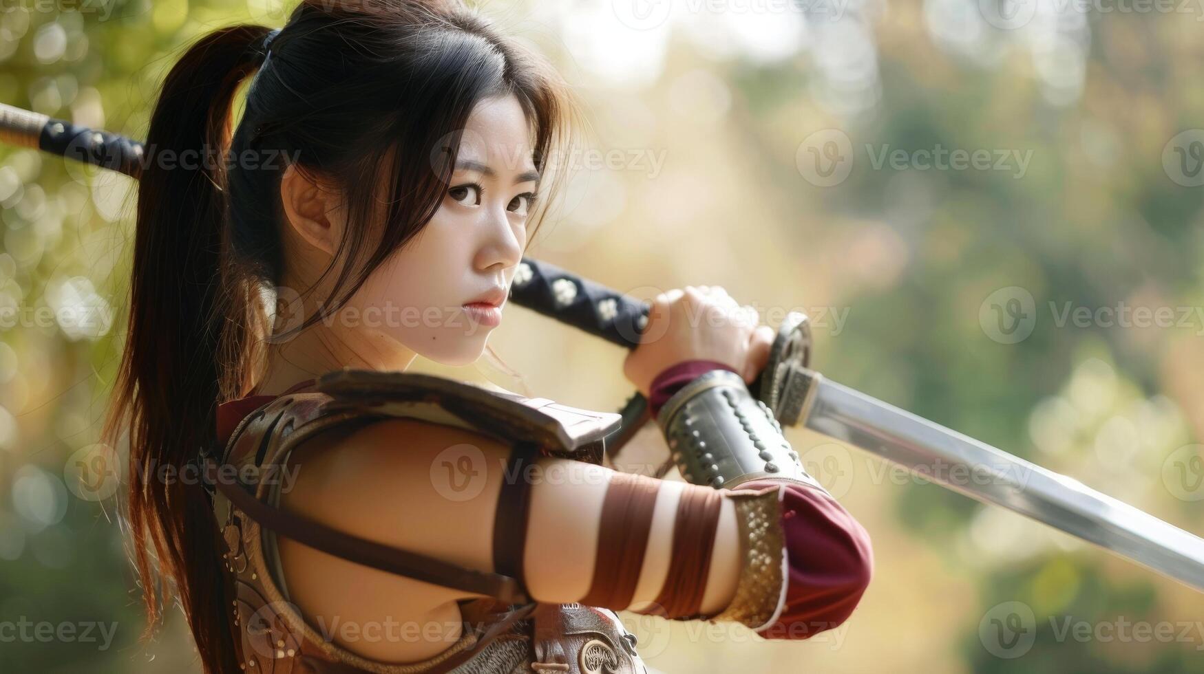Asian female warrior with a sword in a forest. Concept of strength, combat, determination, bravery photo