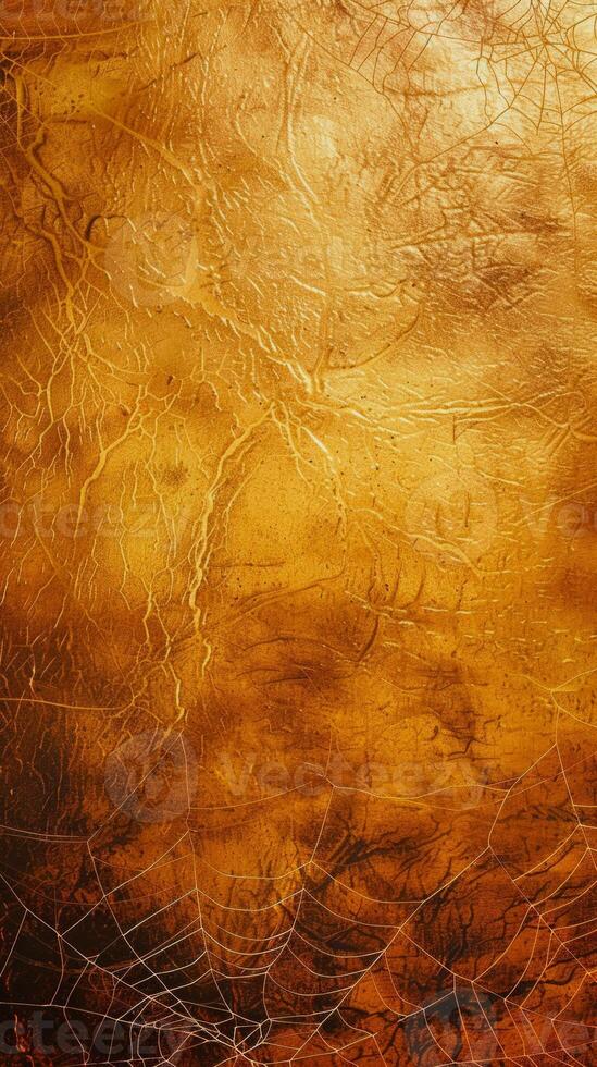 Golden abstract background with spider web patterns. Textured backdrop. Autumn theme, nature's art, Halloween decoration, luxurious design concept. Copy space. Vertical photo