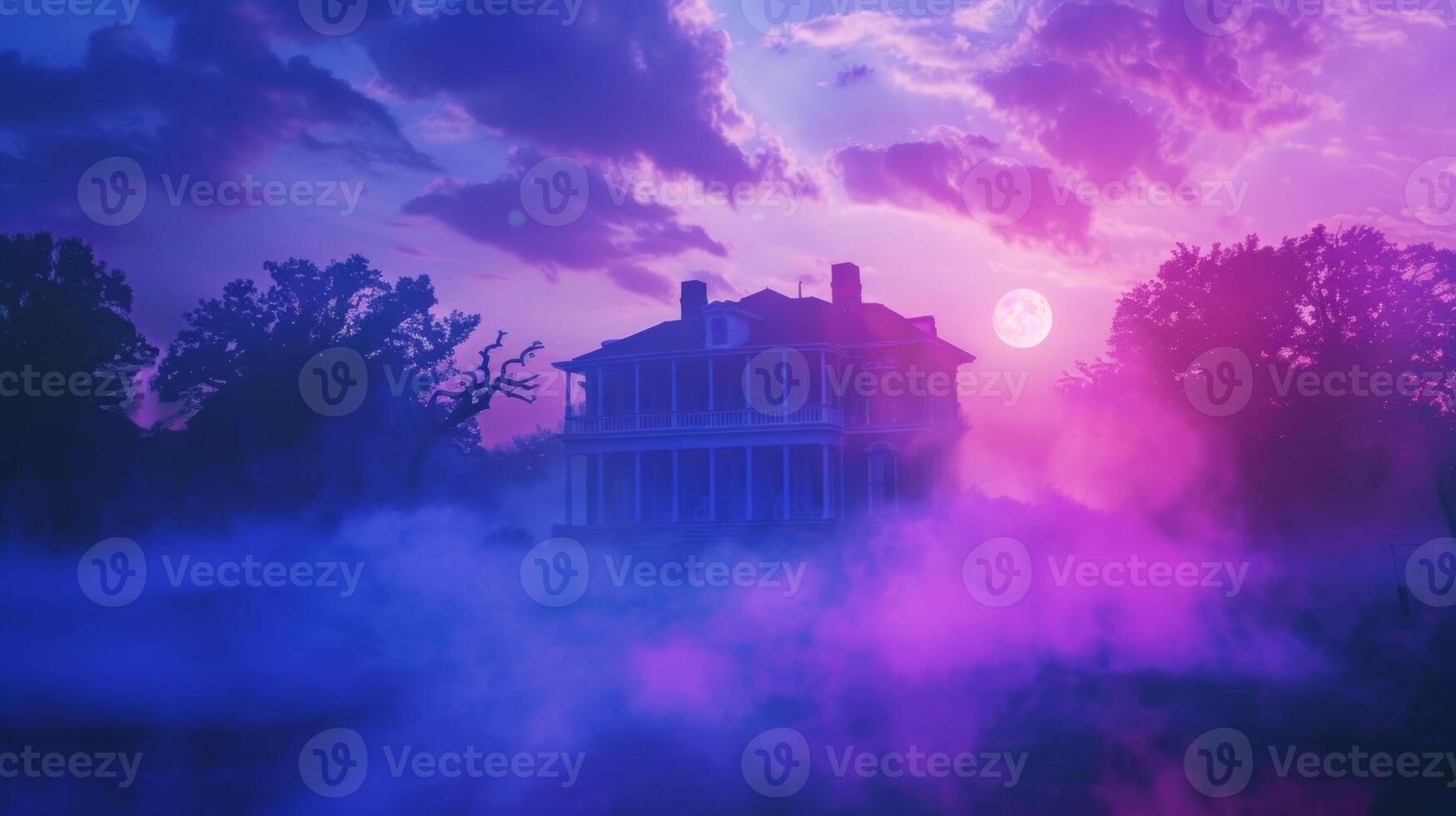 Mysterious large house at twilight surrounded by fog. Concept of haunted mansion, spooky atmosphere, eerie twilight, mysterious architecture, Halloween photo