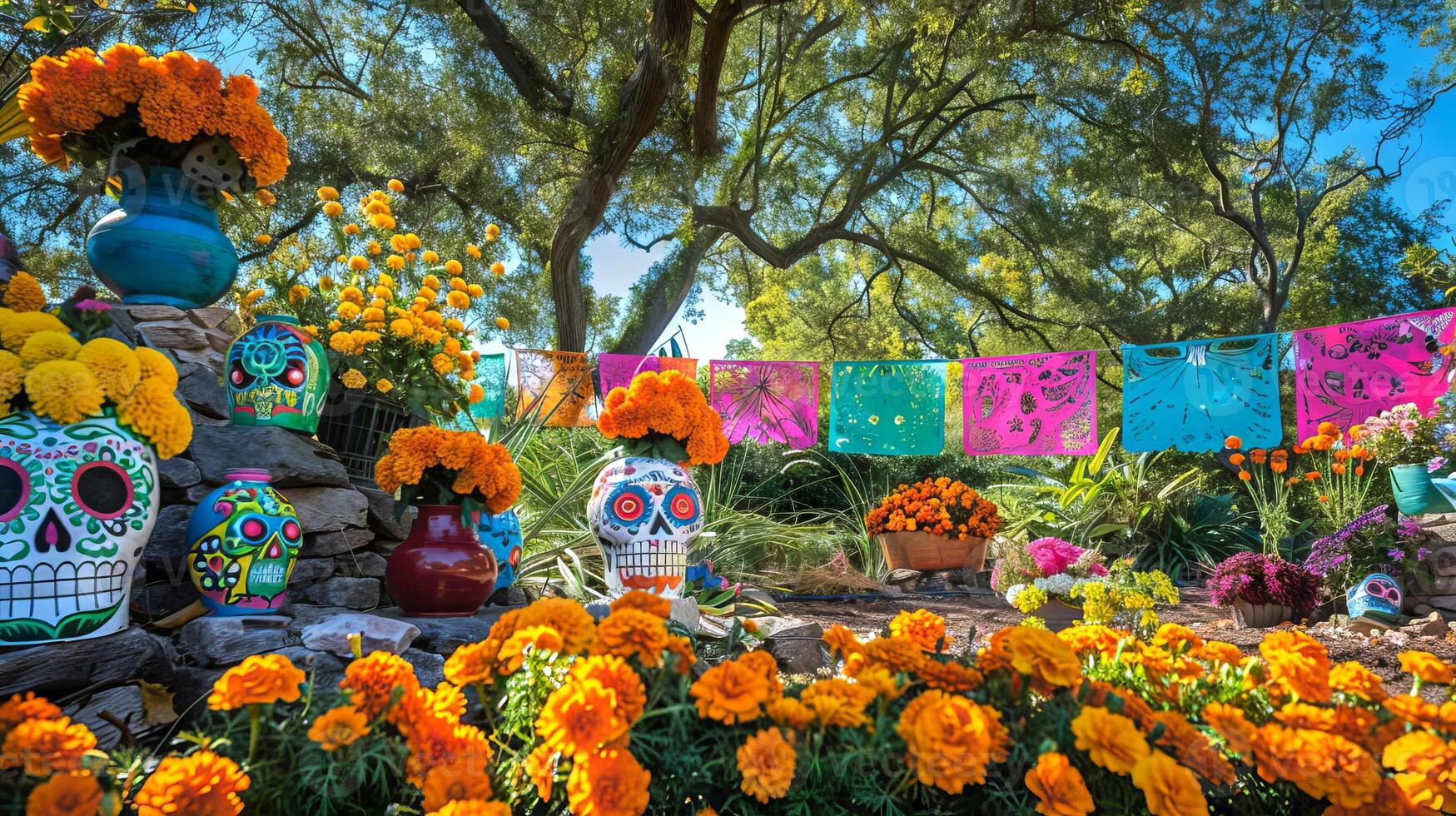 Vibrant Dia de los Muertos altar with colorful marigolds. Day of the Vibrant Dia de los Muertos altar with colorful marigolds. Day of the