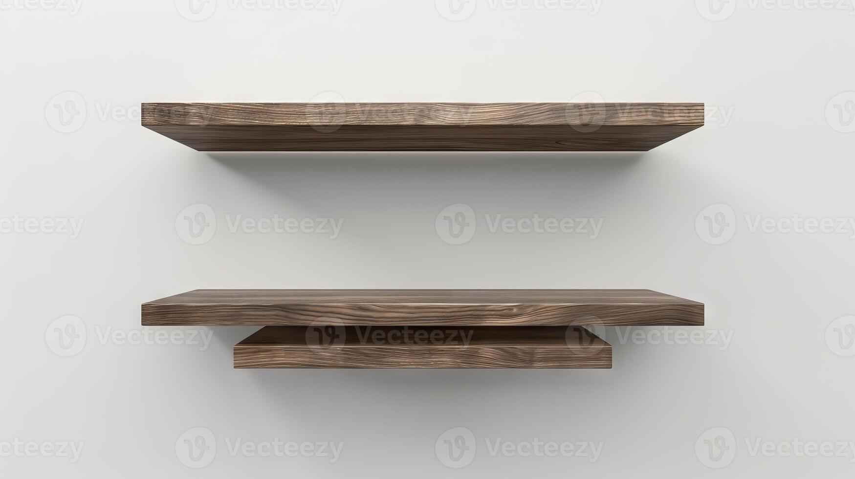 Modern wooden floating empty shelves on a white wall. Home decor and furniture. Concept of interior design, organization, minimalism, storage. Copy space. Mockup photo