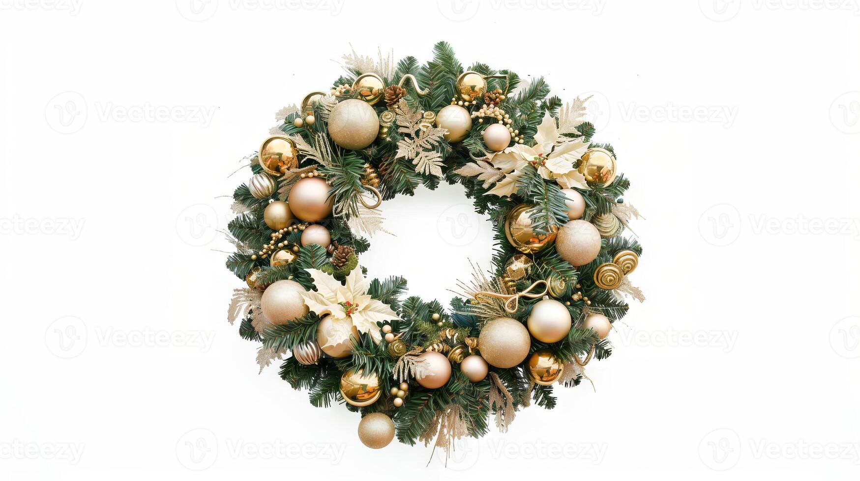 Christmas wreath decorated with gold ornaments on a white background. Holiday decor. Concept of festive decoration, holiday season, Christmas celebration, ornamental design photo