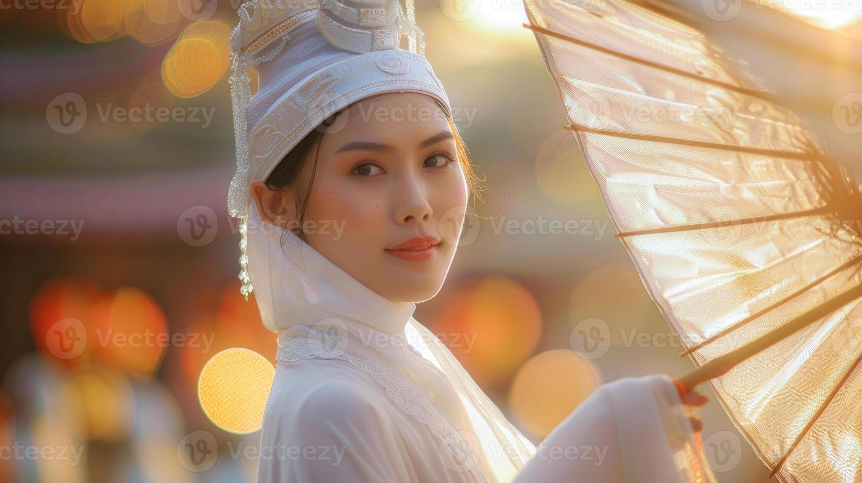 Young woman in traditional Asian white dress, blurred festival background. Delicate and serene expression in cultural setting. Concept of femininity, cultural celebration, and soft beauty. photo
