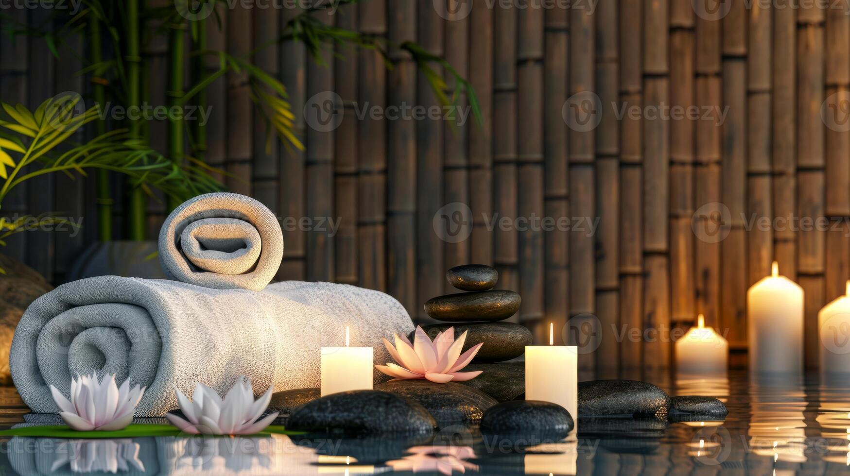 Elegant spa setting with lit candles, flowers, towels, smooth stones. Calming wellness retreat for relaxation. Concept of luxury Thai spa, tranquility, indulgence. Banner. Space for text photo