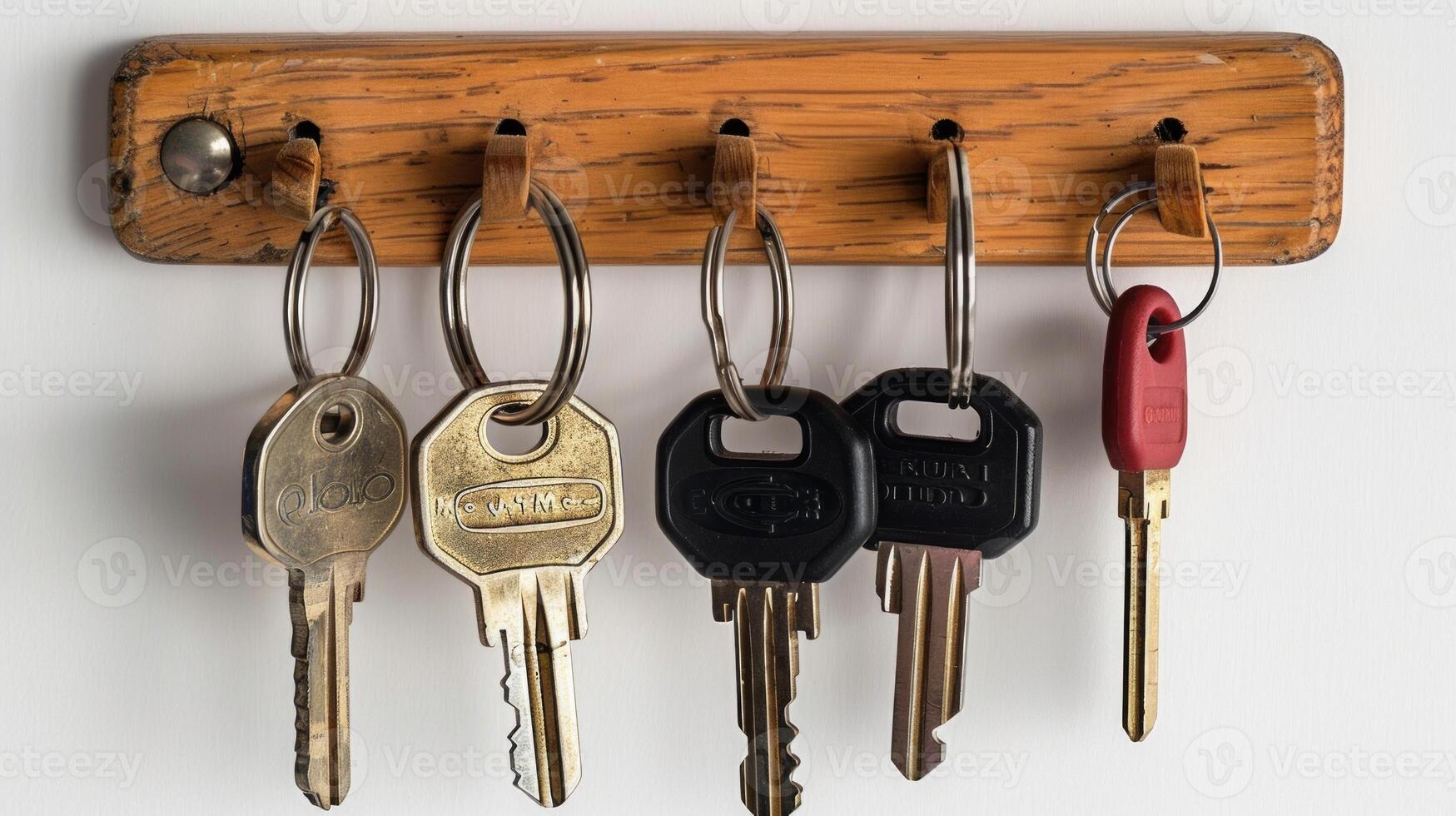 Diverse collection of keys hanging on a wooden key rack. Concept of organization, security, home utilities, key holder, car keys photo
