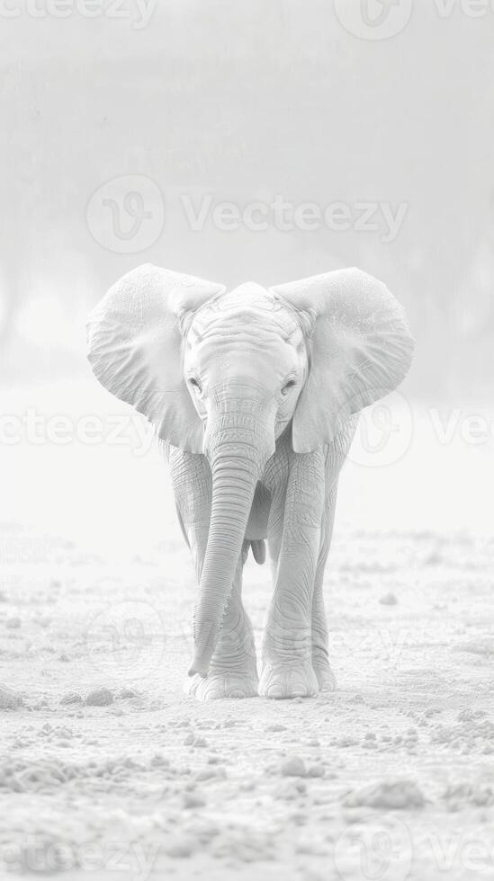 High-key portrait of an baby elephant in a serene white setting. Soft-focused cute elephant captured in a monochrome white landscape. Concept of peace, minimalism, and wildlife elegance. Vertical. photo