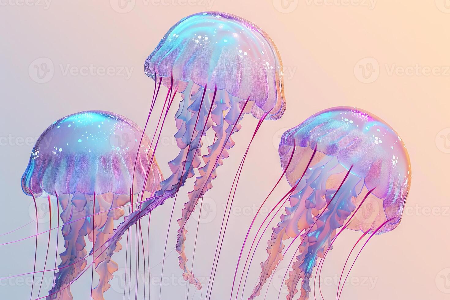 Jellyfish with pink and green colors are floating in the oceanic water. Light backdrop. photo