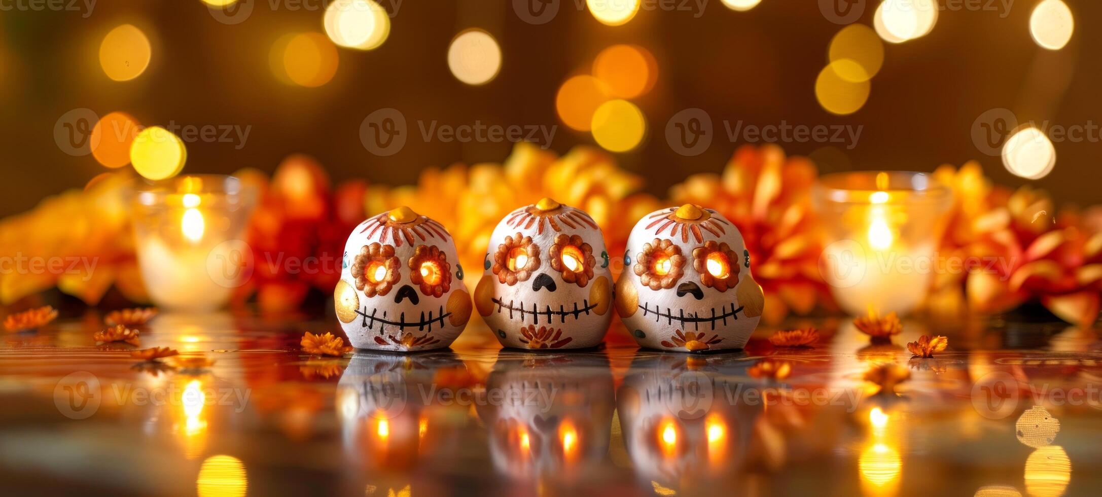 Three sugar skulls with candles and marigolds for Day of the Dead. Sugar skulls in a festive Dia de los Muertos scene. Concept of celebration, tradition, culture, festivity. Halloween. Copy space photo