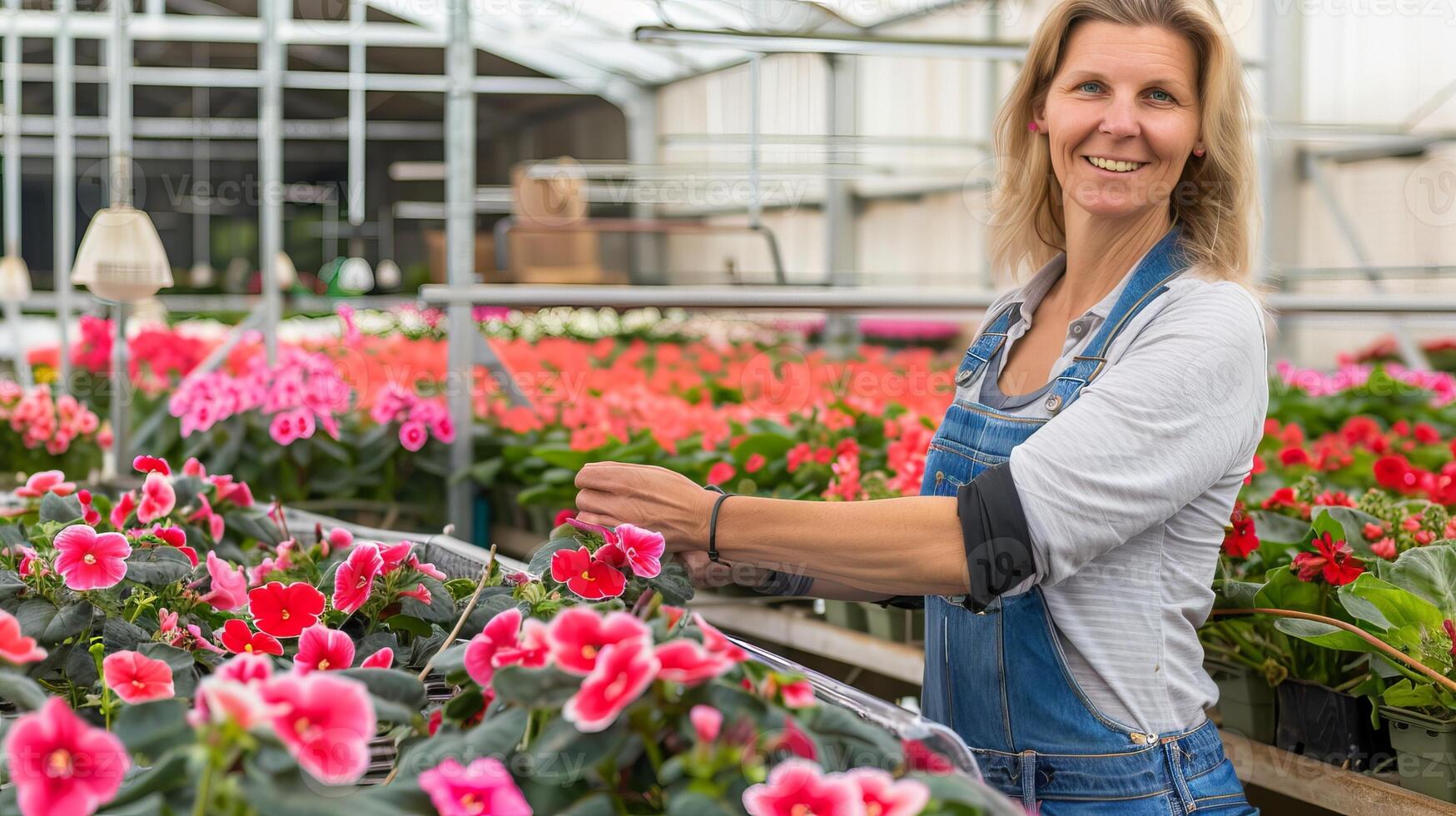 Caucasian woman in denim overalls tending flowers in a greenhouse. Concept of gardening, horticulture, floral care, plant nursery photo