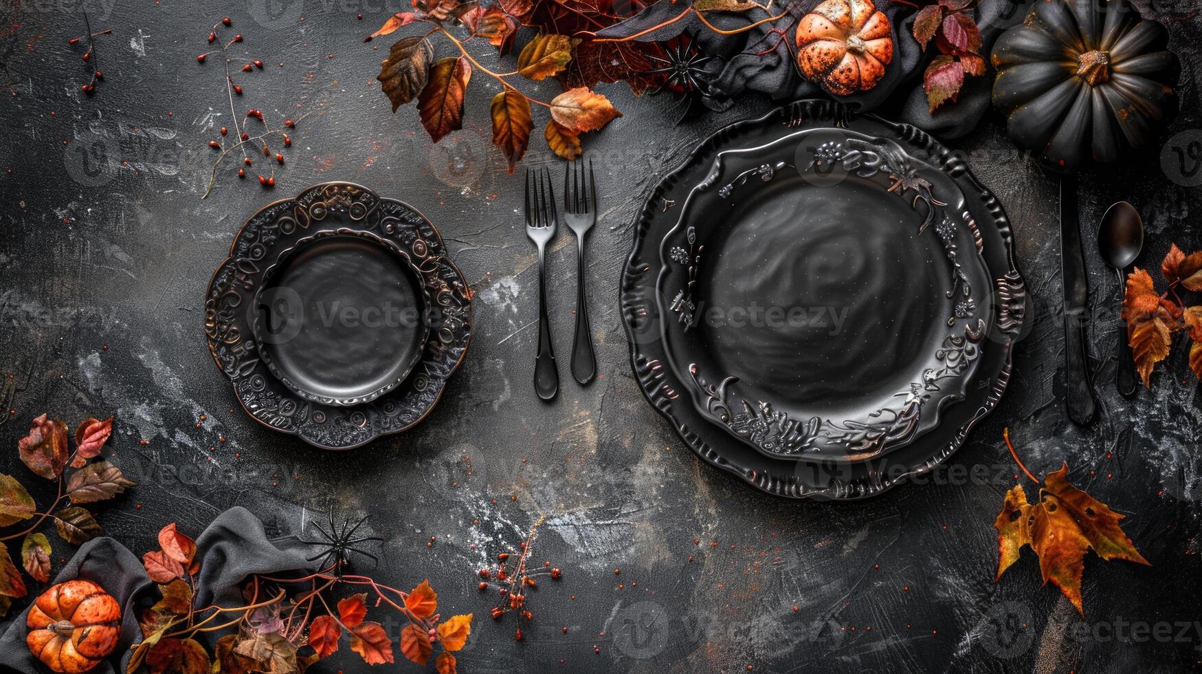 Rustic autumn table setting with black dinnerware and fall leaves ...