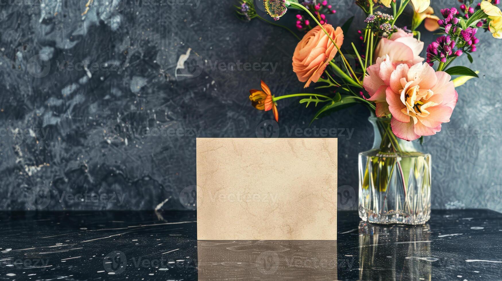 Blank white card with vibrant flower arrangement. Fresh bouquet and empty paper mockup for text. Concept of invitation template, mock up design, greetings. Copy space photo