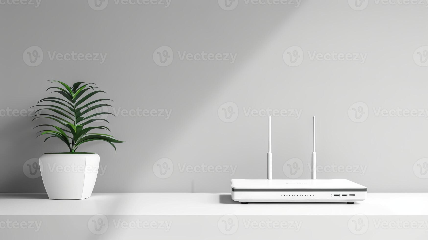 Modern white Wi-Fi router with two antennas placed on a white desk. Minimalistic interior with a green potted plant. Concept of technology, home office, connectivity, internet. Copy space photo