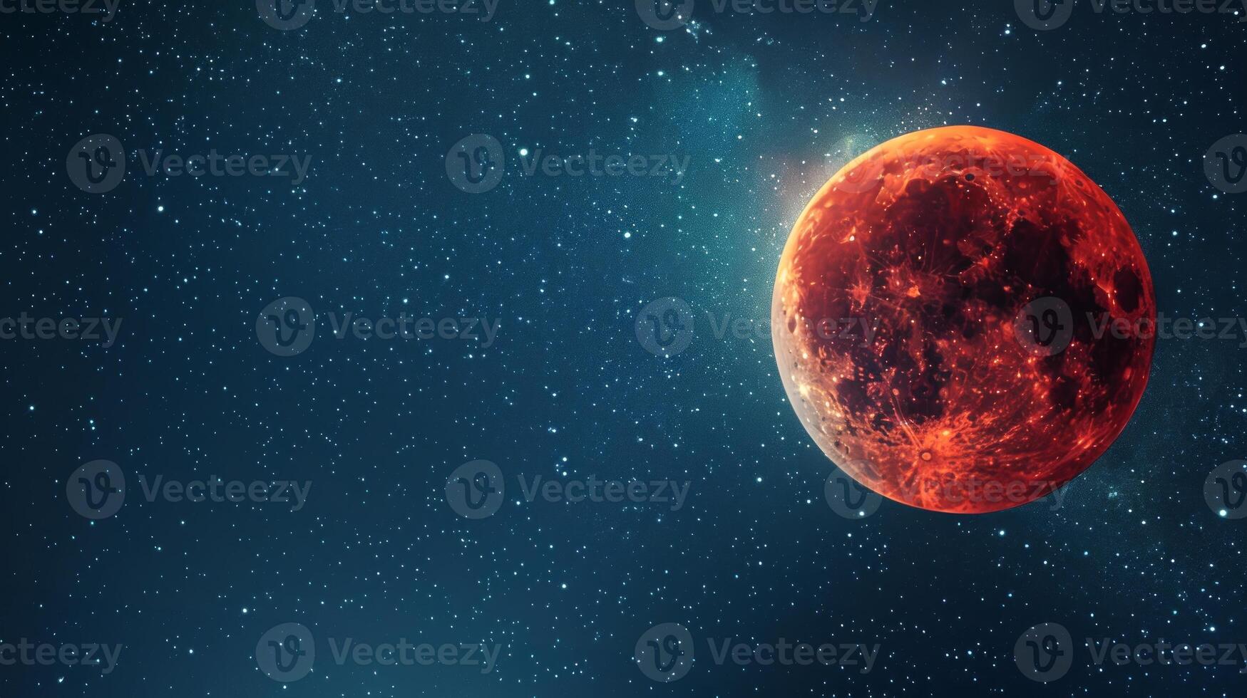 Red moon glowing in a starry sky. Crimson lunar surface amidst stars. Concept of space, astronomy, celestial phenomena, beauty. Copy space photo