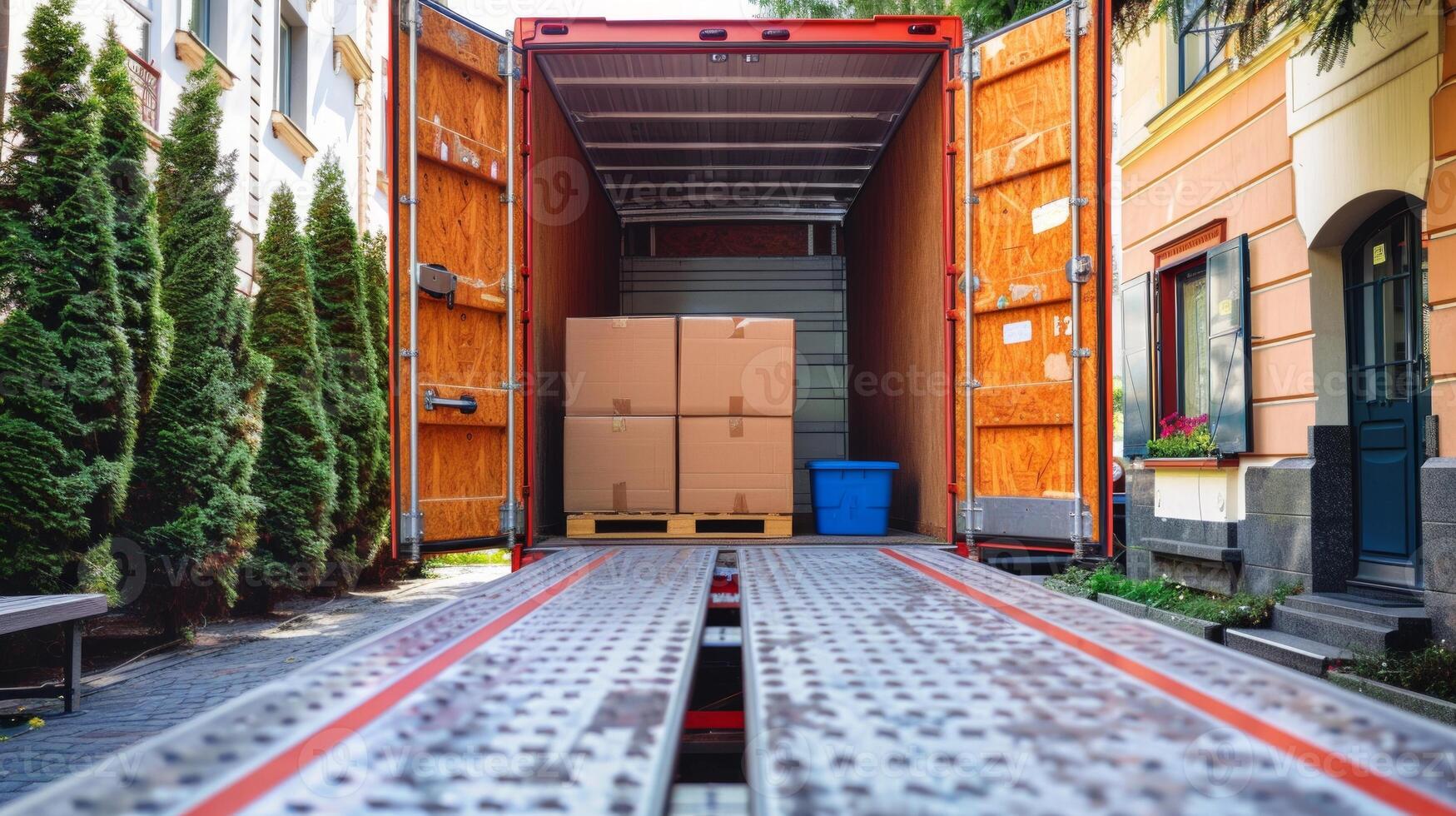 Boxes prepared for shipping inside an open delivery truck. Logistics, transportation, parcel service, packaging preparation concept photo
