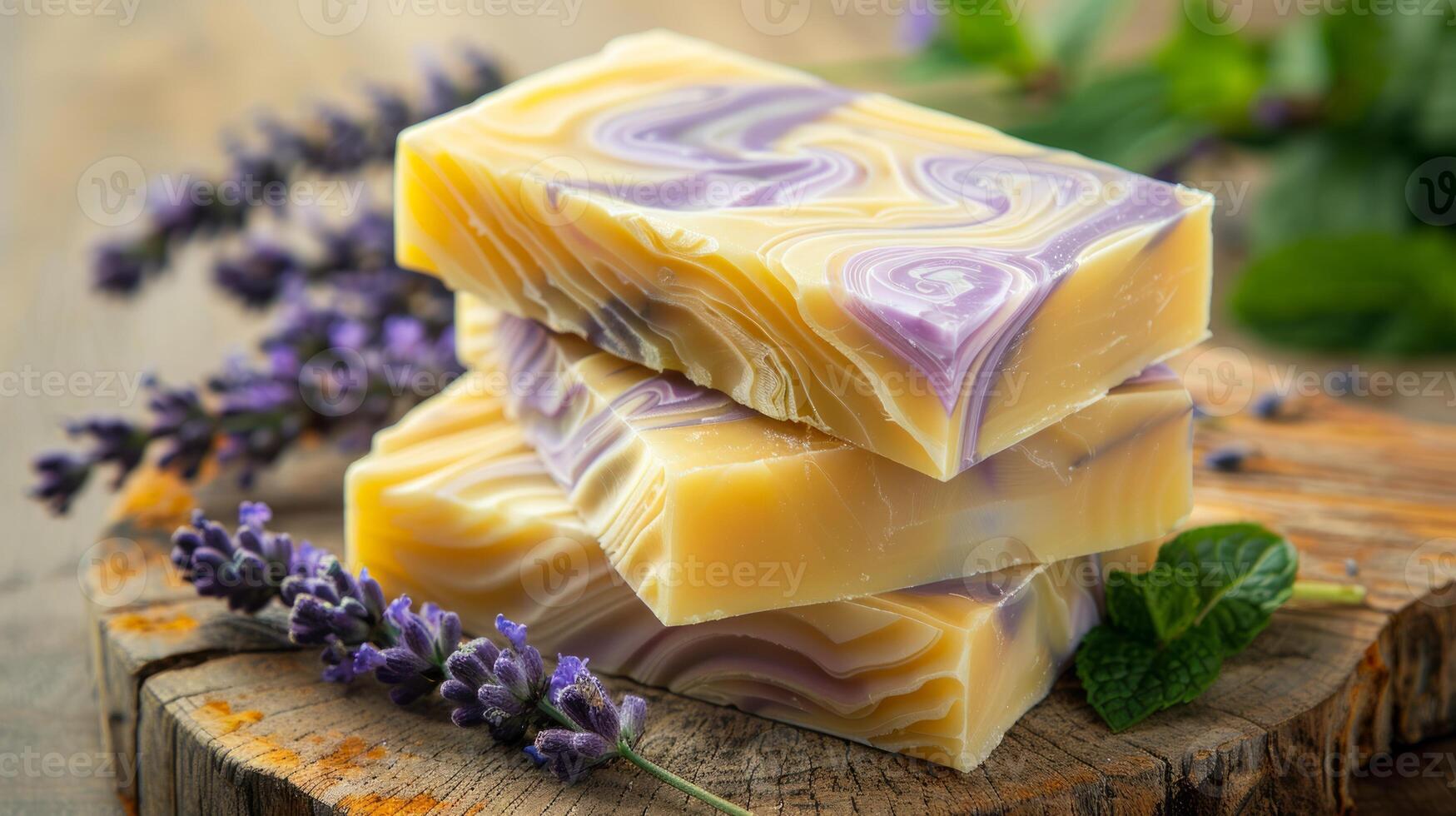 Stack of freshly cut, homemade soap bars with swirls of lavender and mint, placed on wooden surface. Aromatic herbal soap. Concept of soothing skincare, natural wellness, fragrant bath products. photo