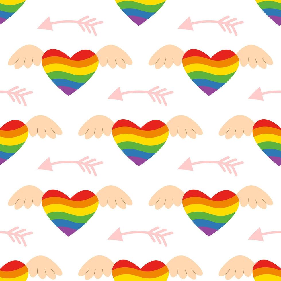 A simple seamless pattern with symbols of the LGBTQ community. Hearts with wings on a white background. vector