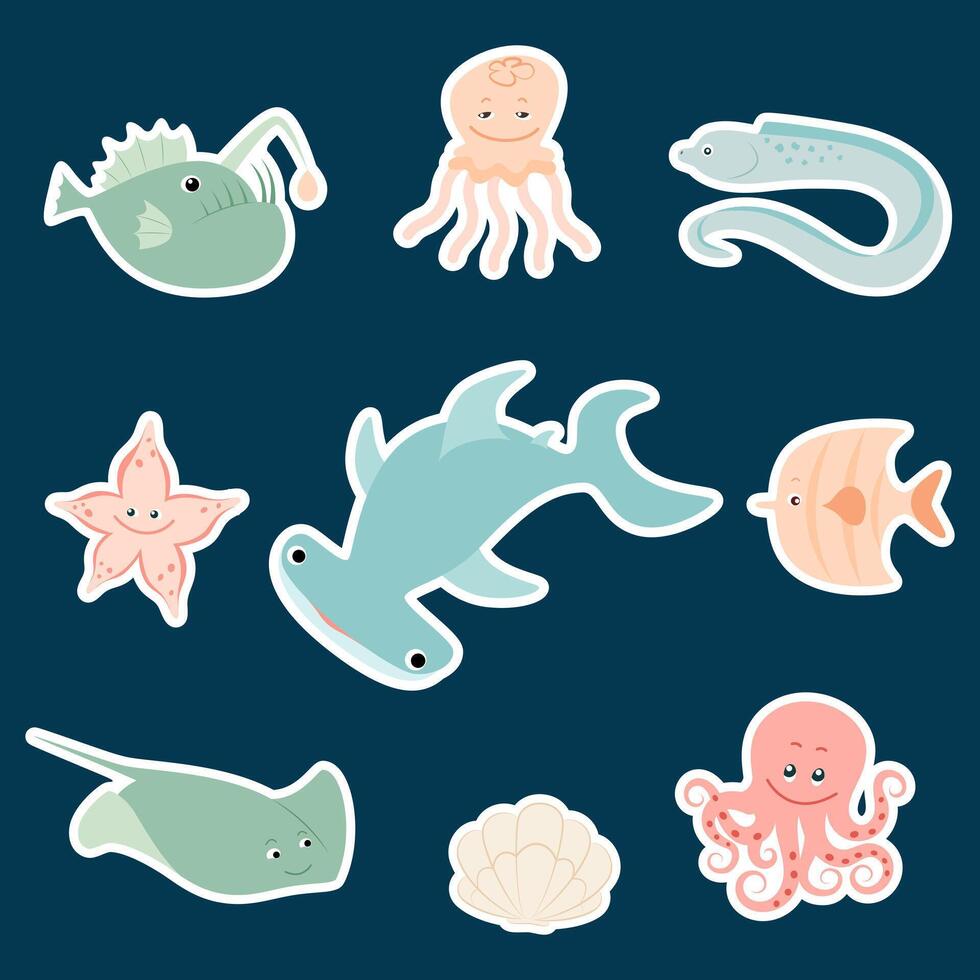 A set of stickers of the inhabitants of the seas and oceans. Shark, stingray, jellyfish, seashell, starfish, fish. vector