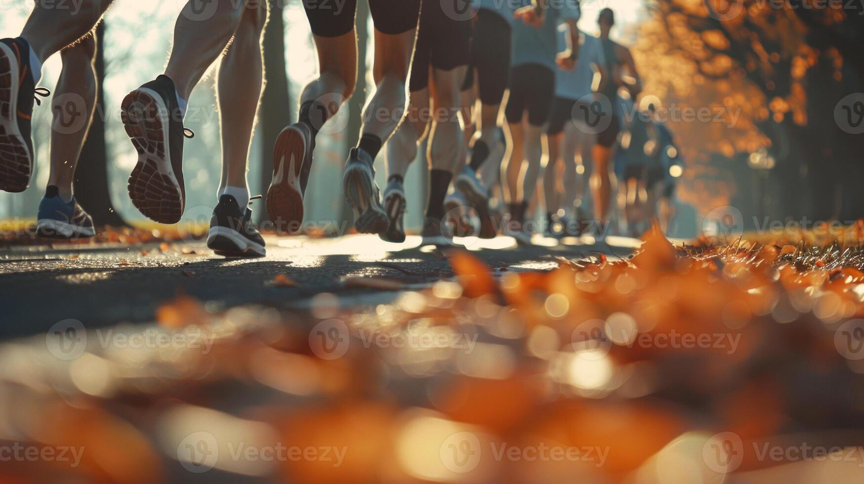 Group of runners in a park during autumn. Crowd of joggers on a sunny fall day. Concept of outdoor fitness, community, seasonal exercise, and healthy lifestyle photo