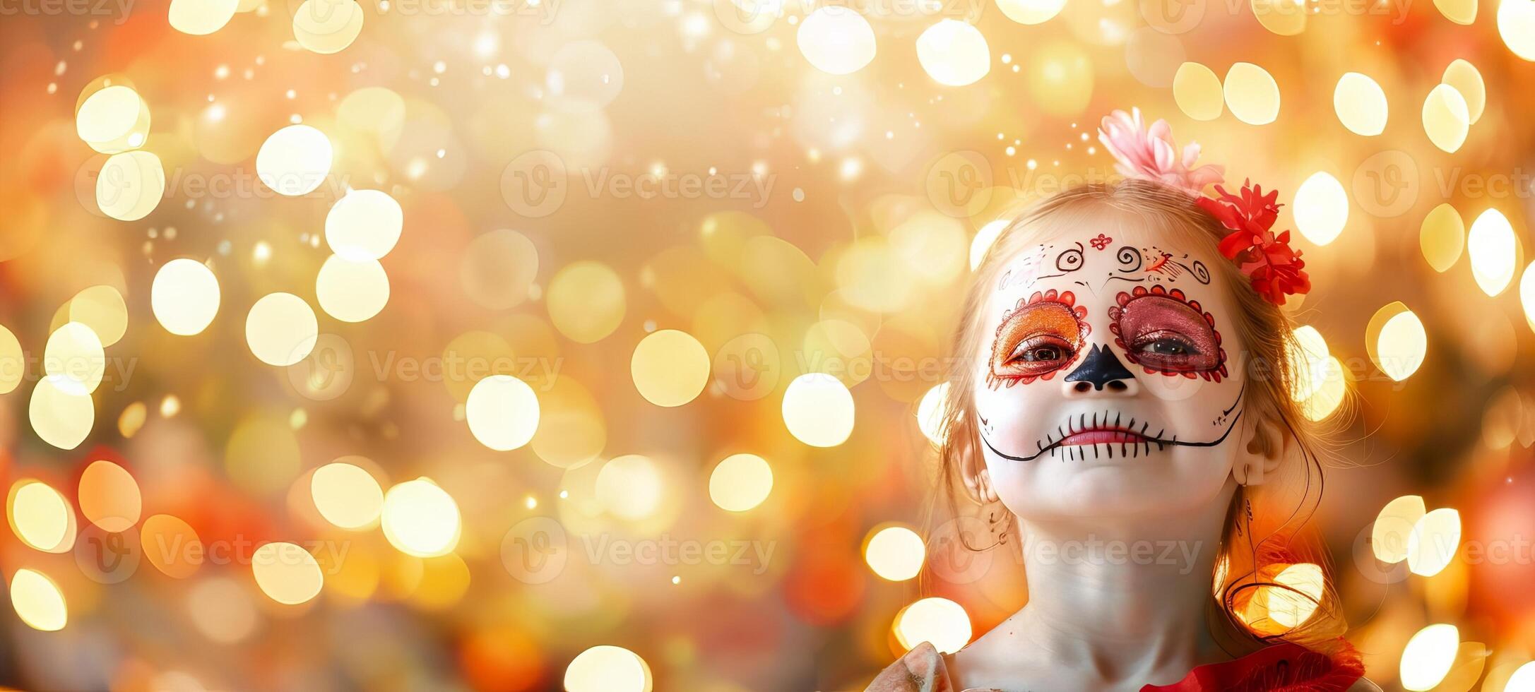 Girl with festive sugar skull face paint on bokeh background. Child with artistic Dia de los Muertos makeup. Concept of Mexican culture, Halloween celebration, and vibrant tradition. Copy space photo