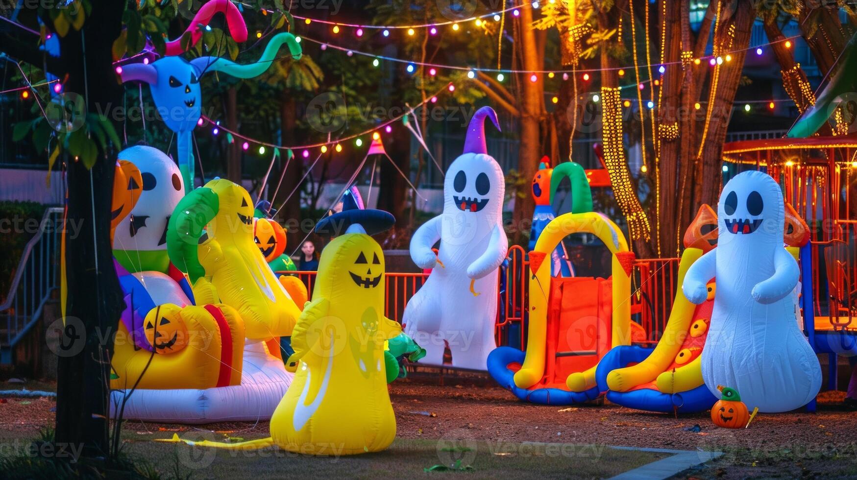 Childrens playground with a playful Halloween setup. Inflatable ghosts and pumpkins with colorful lights. Halloween decorations, playground fun, holiday celebration, spooky theme concept photo