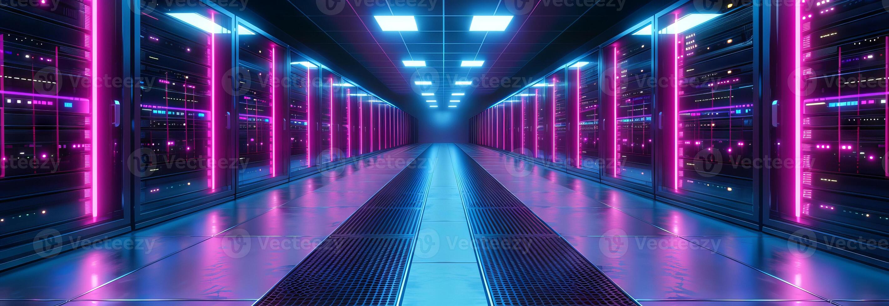 Futuristic neon-lit corridor with reflections on shiny floor. Concept of modern architecture, vibrant atmosphere, urban design, nightlife. Banner photo