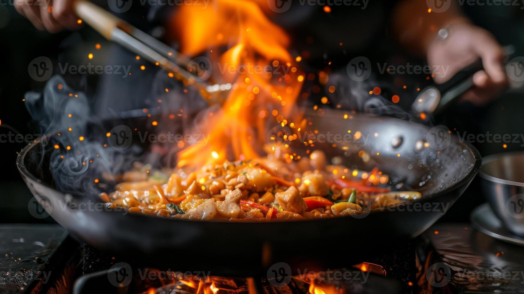 Asian culinary techniques showcased as chef cooks Thai meal in a fiery wok. Sauteed seafood and vegetables up close. Concept of culinary arts, Thai cuisine, dynamic food preparation. photo