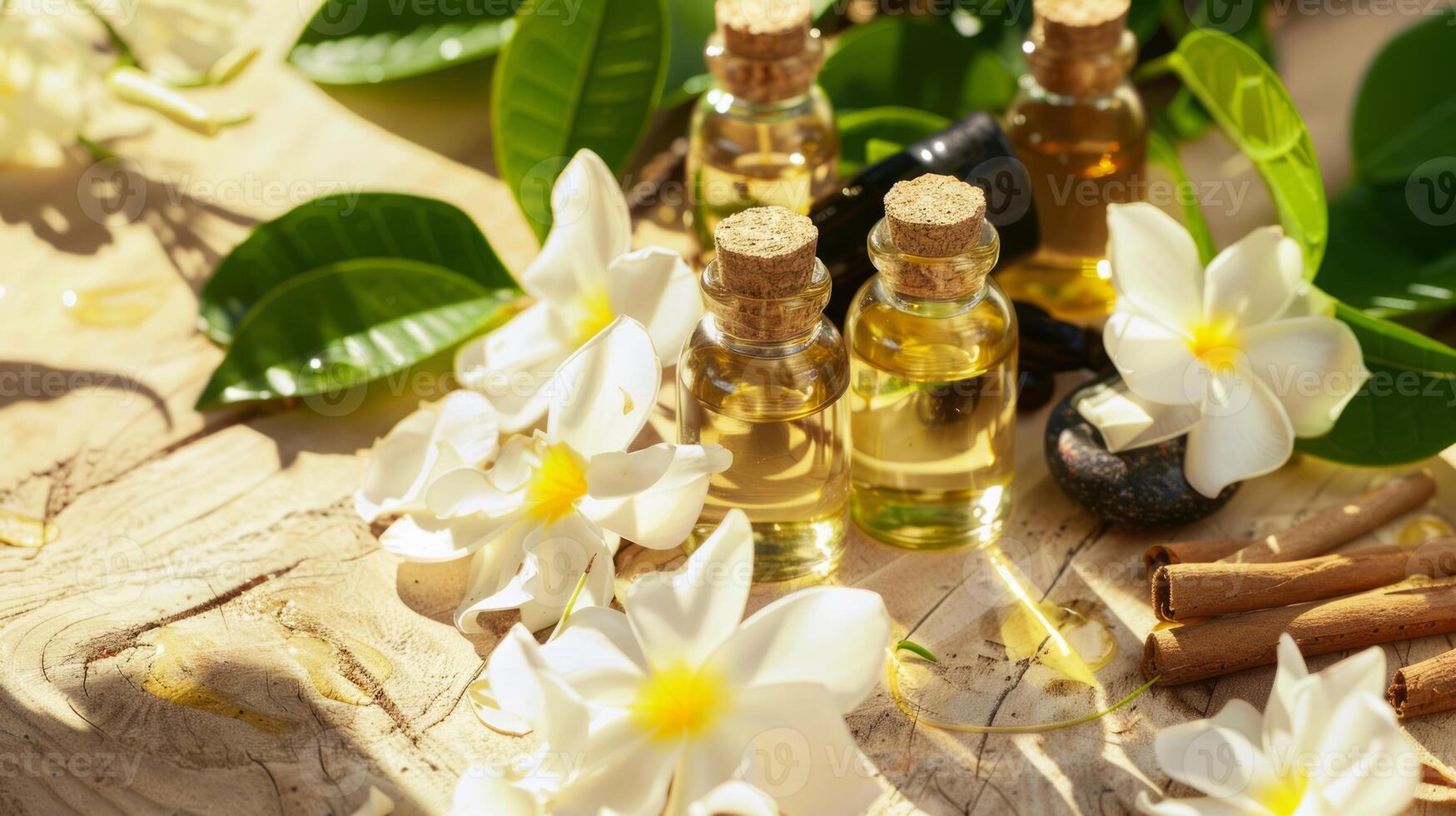 Essential oils and white flowers arrangement on rustic wood. Fragrant white blossoms with aromatherapy oils. Concept of natural beauty, wellness, relaxation, and herbal therapy. Banner, space for text photo