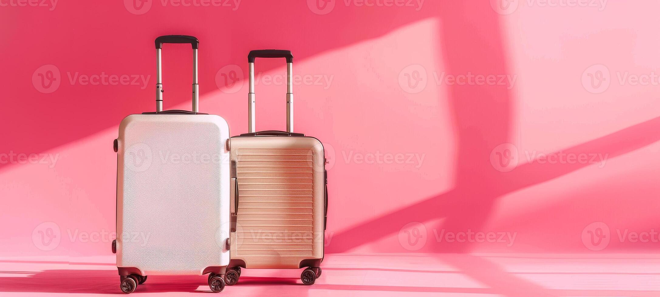 Two modern pink luggage sets on a pink background. Two suitcases ready for travel. Concept of travel, vacation, simple design, journey preparation, minimalist. Wide Banner. Copy space photo