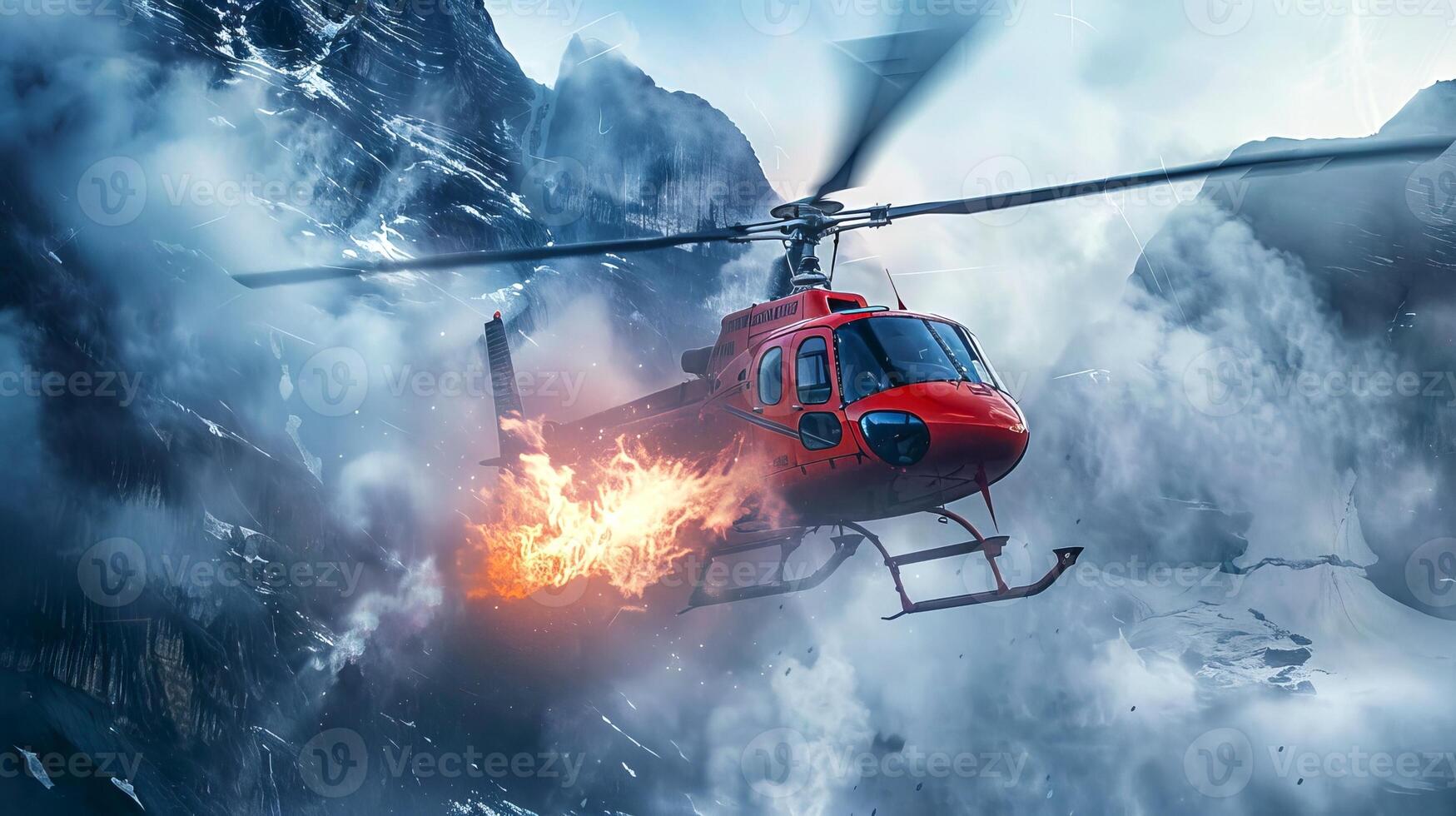 Red helicopter on fire flying over snowy mountains. Burning chopper above icy peaks. Concept of aerial accident, rescue mission, emergency situation photo