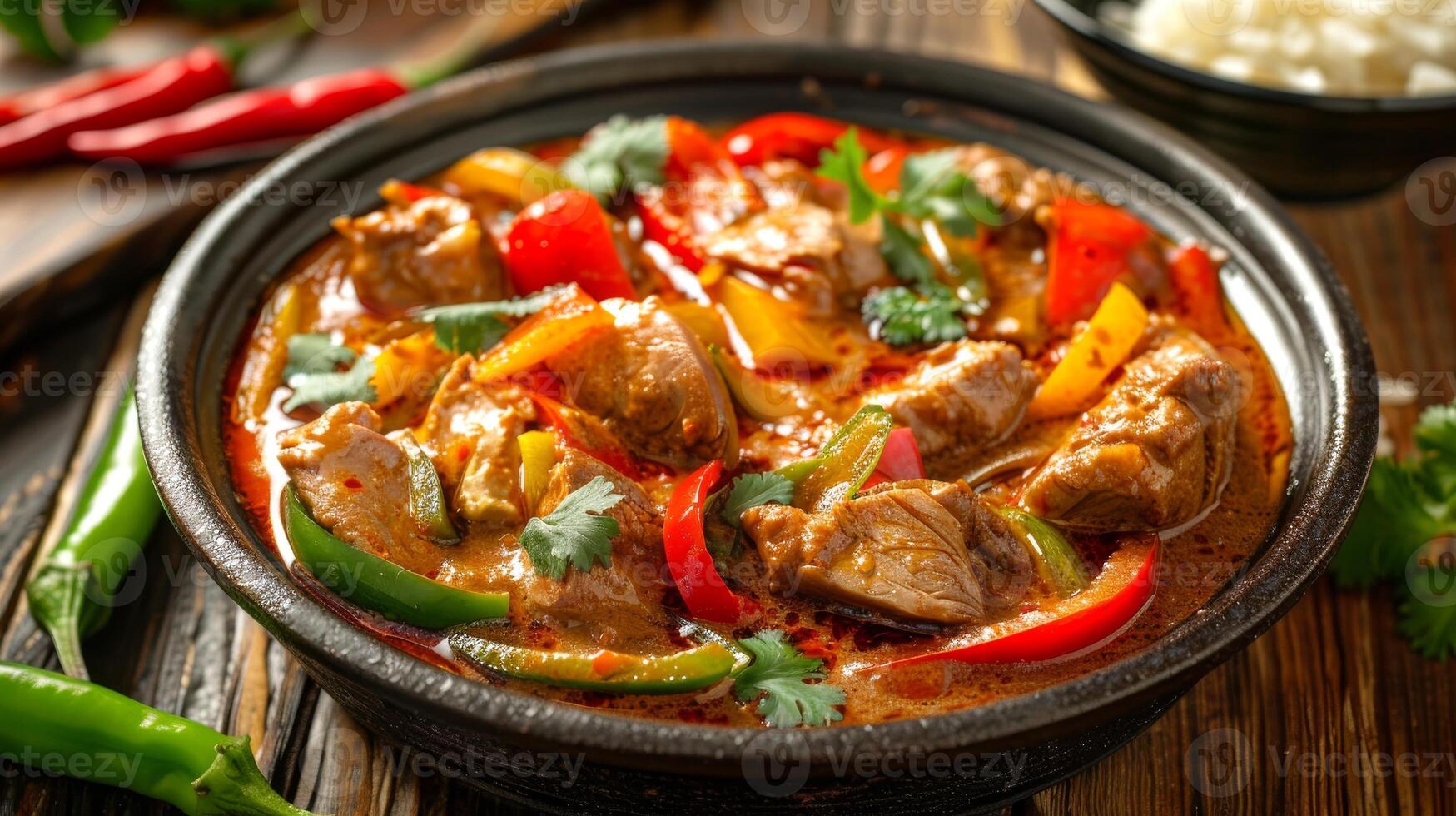 Thai red curry with duck served in a bowl, garnished with basil and bell peppers. Spicy national Thai dish. Concept of Asian cuisine, culinary, traditional recipes, exotic photo