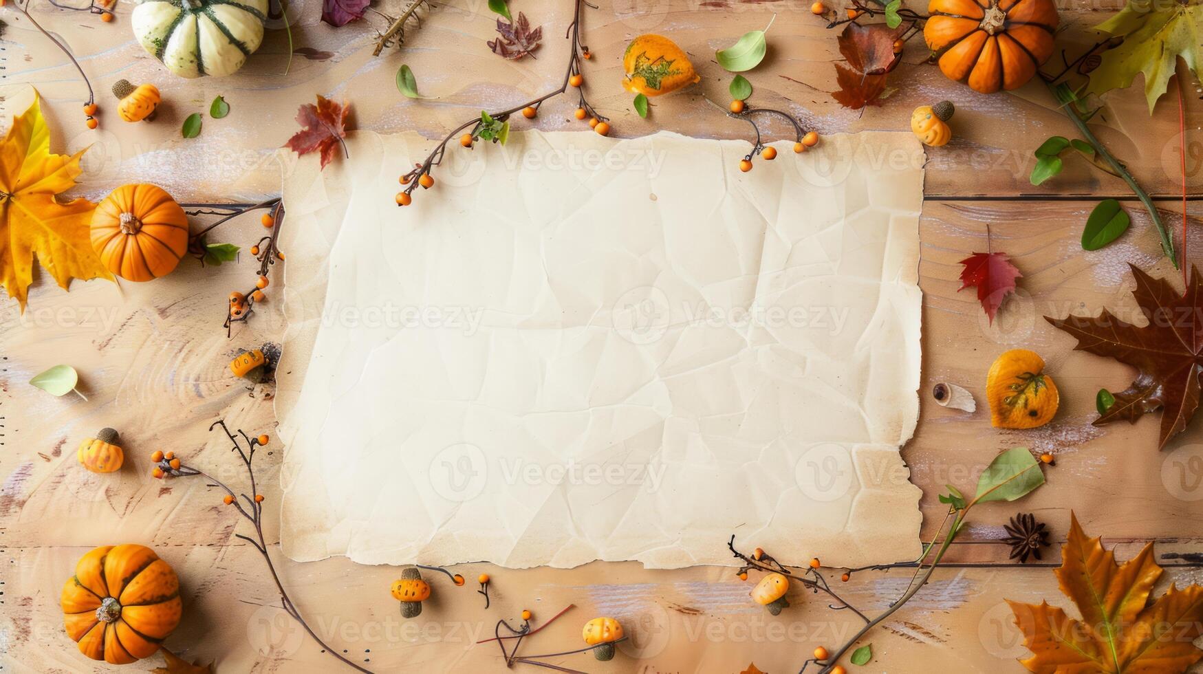 Autumn leaves and pumpkins on wooden background. Blank paper for text in center. Thanksgiving mockup with copy space. Concept of fall, holiday card template, Thanksgiving design, harvest festival photo