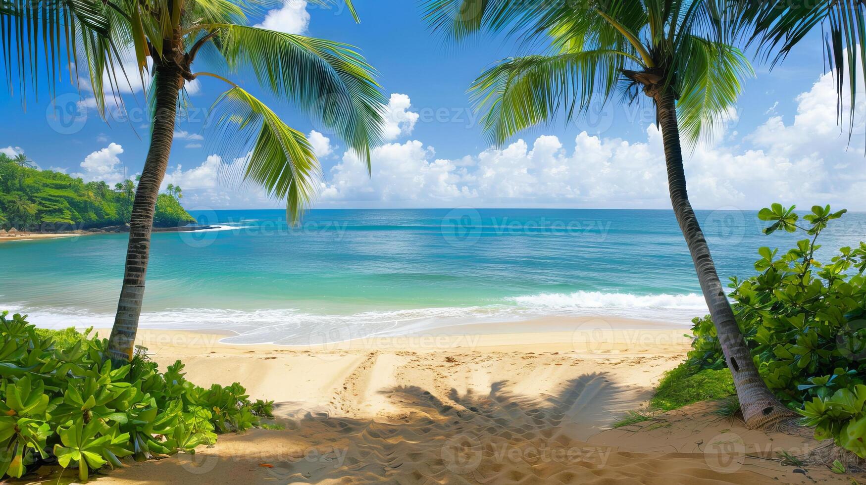 Tropical beach landscape with palm trees and ocean view. Serene coastal scene. Concept of travel, summer vacation, calmness, and peaceful beaches. photo