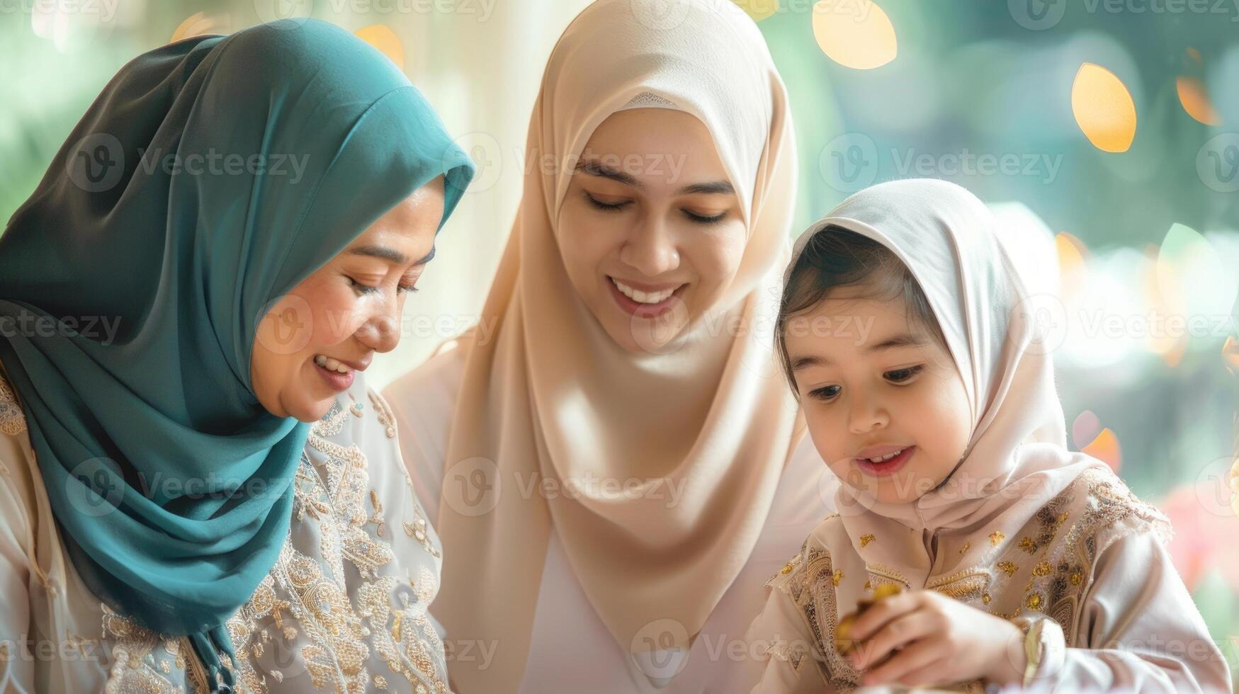Muslim women and girl in traditional attire smiling outdoors. Islamic culture, intergenerational bond, family connection, celebration concept photo